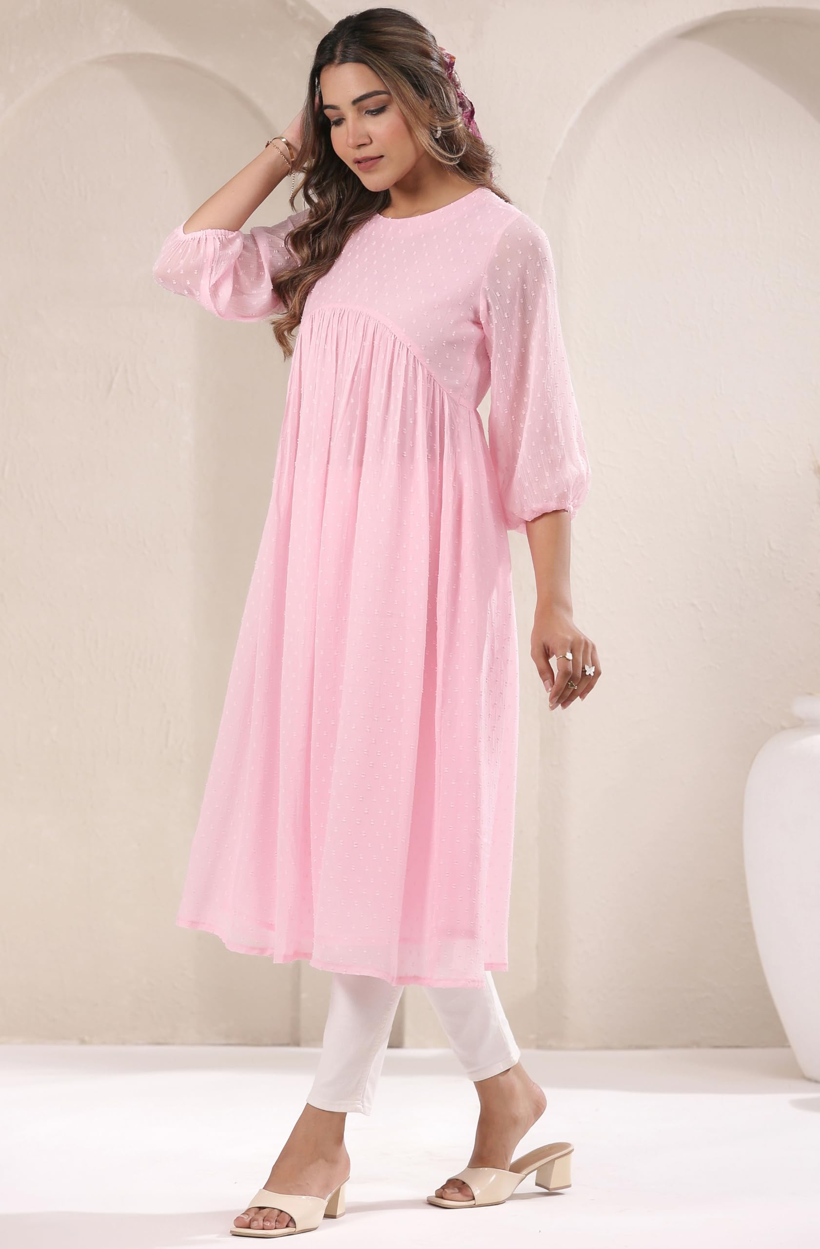 Janasya Women's Baby Pink Dobby Chiffon Self Design A-Line Kurta product image 5