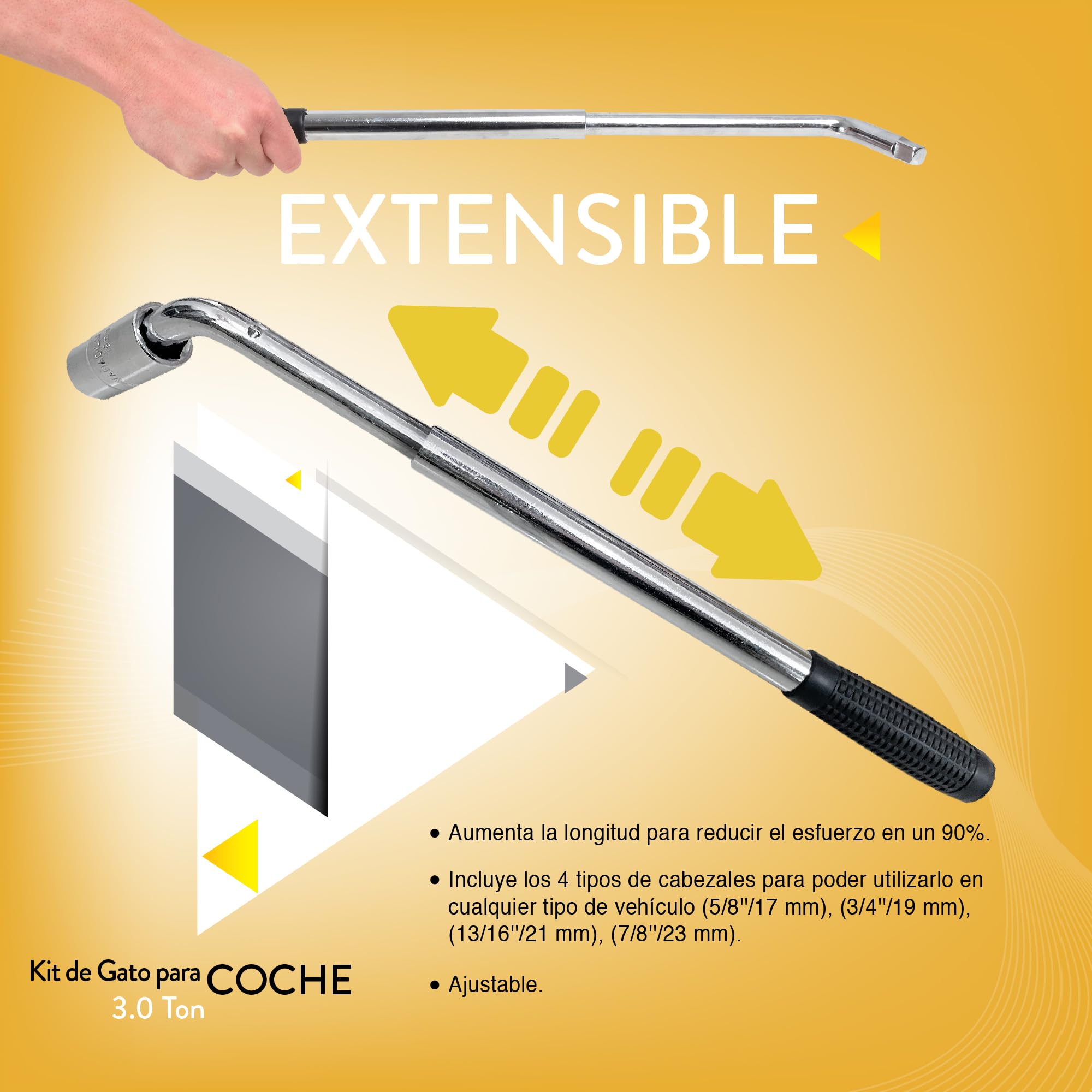 Kit Gato Hidráulico Coche 3 T | Gato de Tijera para SUV y Automóviles | Goma Cruz (+2,5 cm), Goma Plana para Vehículos Bajos, Llave para Ruedas Incluida, Kit de Emergencia, Cambio de Neumáticos