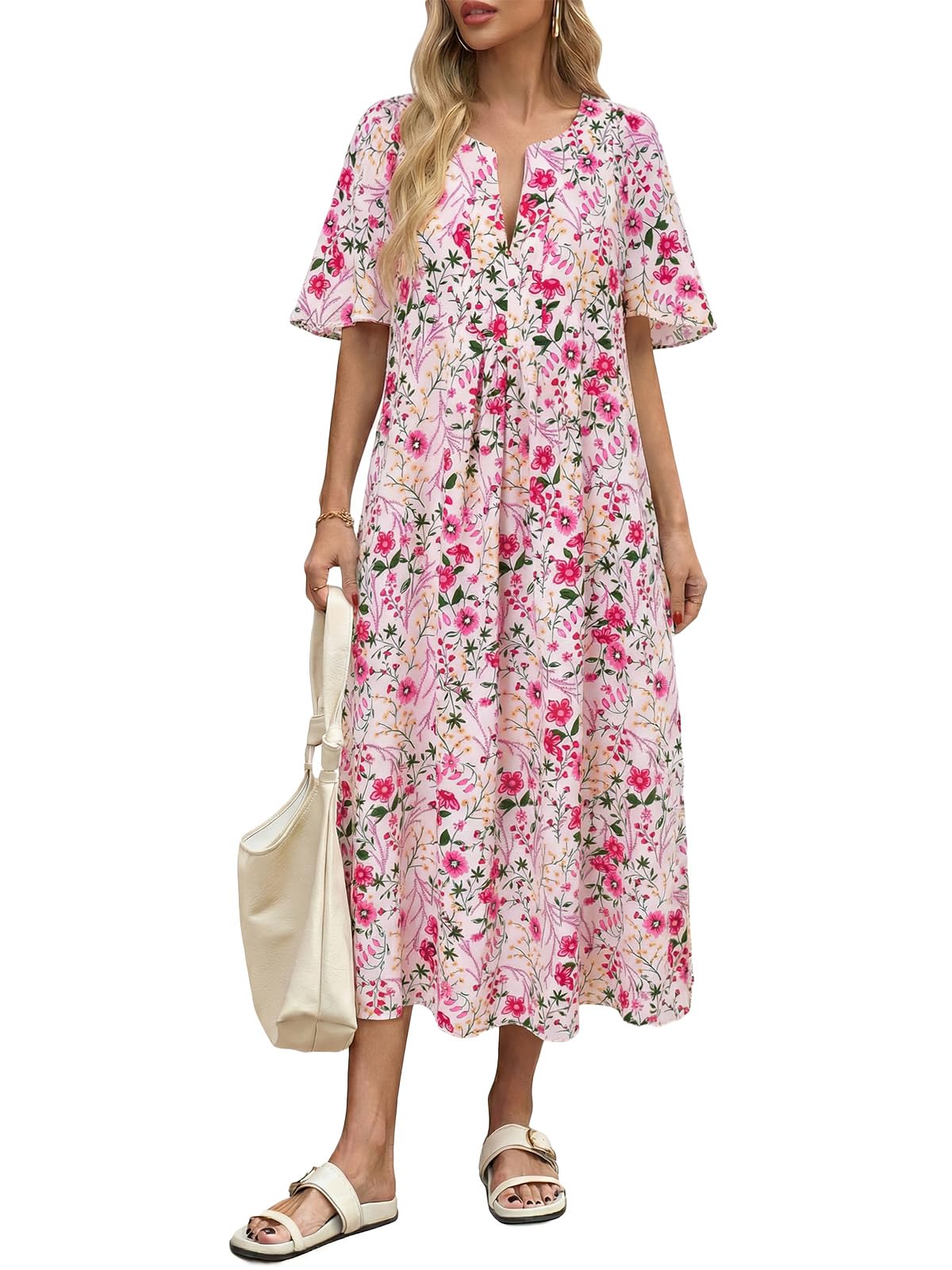 Wenrine Womens Casual Maxi Dress Short Sleeve Loose Flowy Summer Dresses