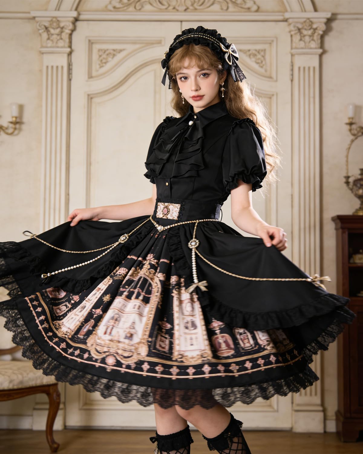 CR ROLECOS Chemisier victorien noir à manches courtes bouffantes gothique pour femme