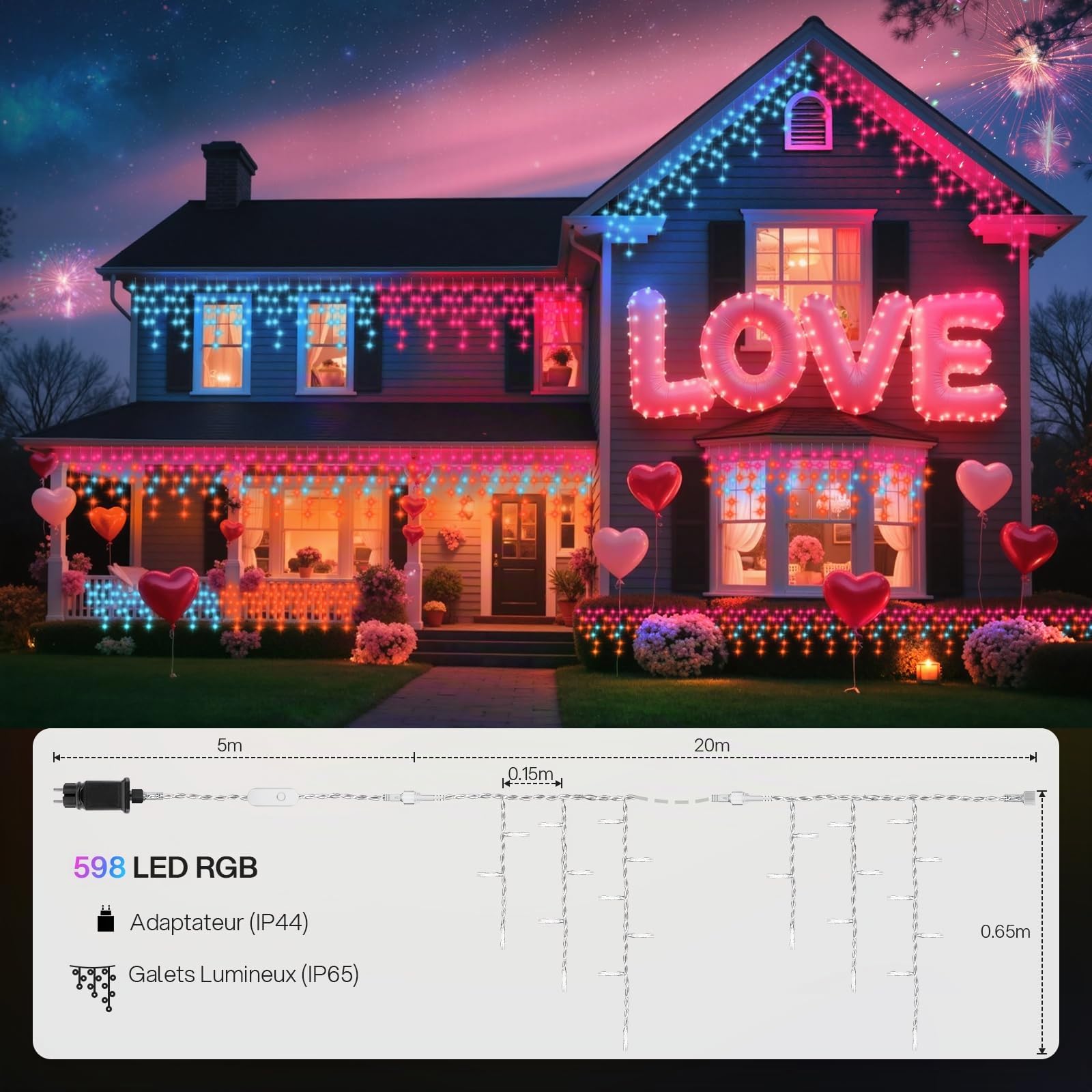 REYLAX Guirlande Lumineuse Extérieur 20M 598 LED RGB Icicle Lights Rideau avec Technologie Smart App Télécommande Dynamic Scene Modes Étanche IP67 pour Noël Fenêtre de Mariage Décoration