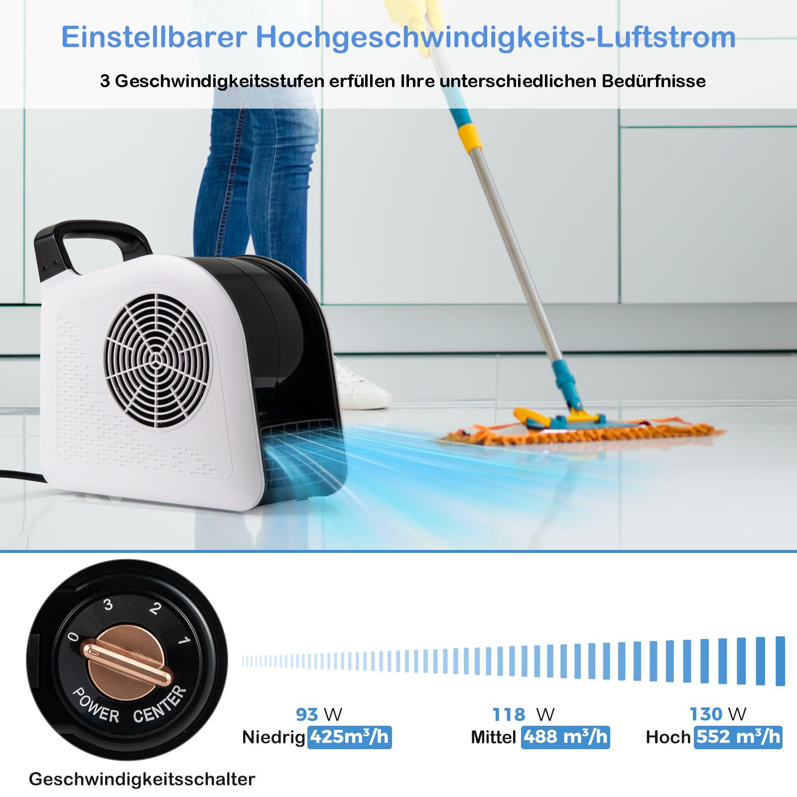 RELAX4LIFE Bodenventilator 130W, Bodengebläse mit 3 Geschwindigkeiten & 185° schwenkbarem Kopf, Floor Drying Fan zum Trocknen, Kühlen, Belüften, 2 AC-Steckdosen, Ventilator für Zuhause, Büro, Gym