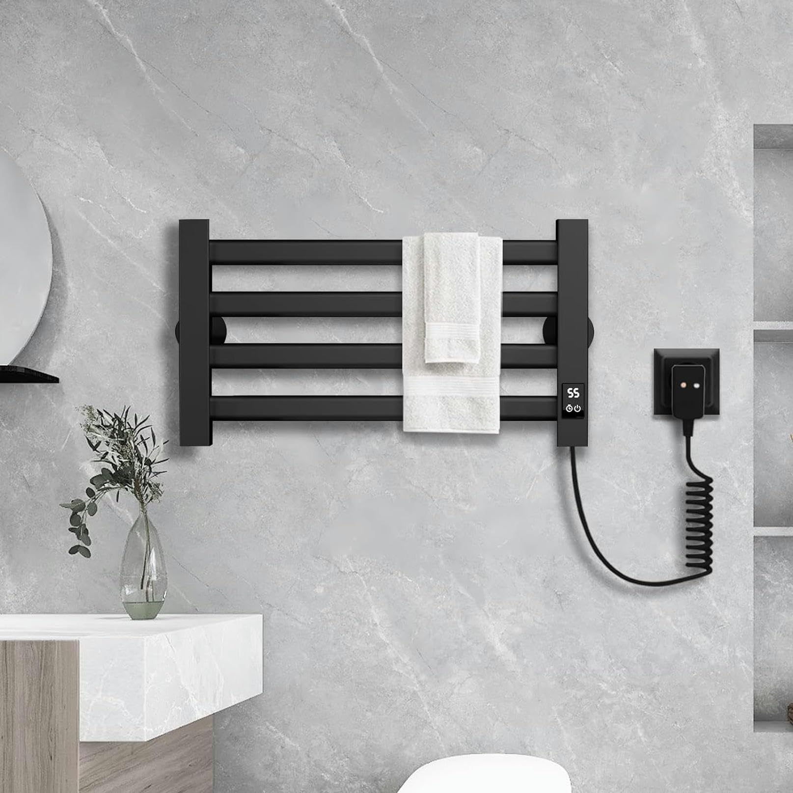 Radiator Towel Rail 55W Towel Warmer Rail for Bathroom Radiator Towel Rail with LED Screen Electric Towel Rail with Timer and Thermostat Carbon Fiber Heater Hot Towel Warmer