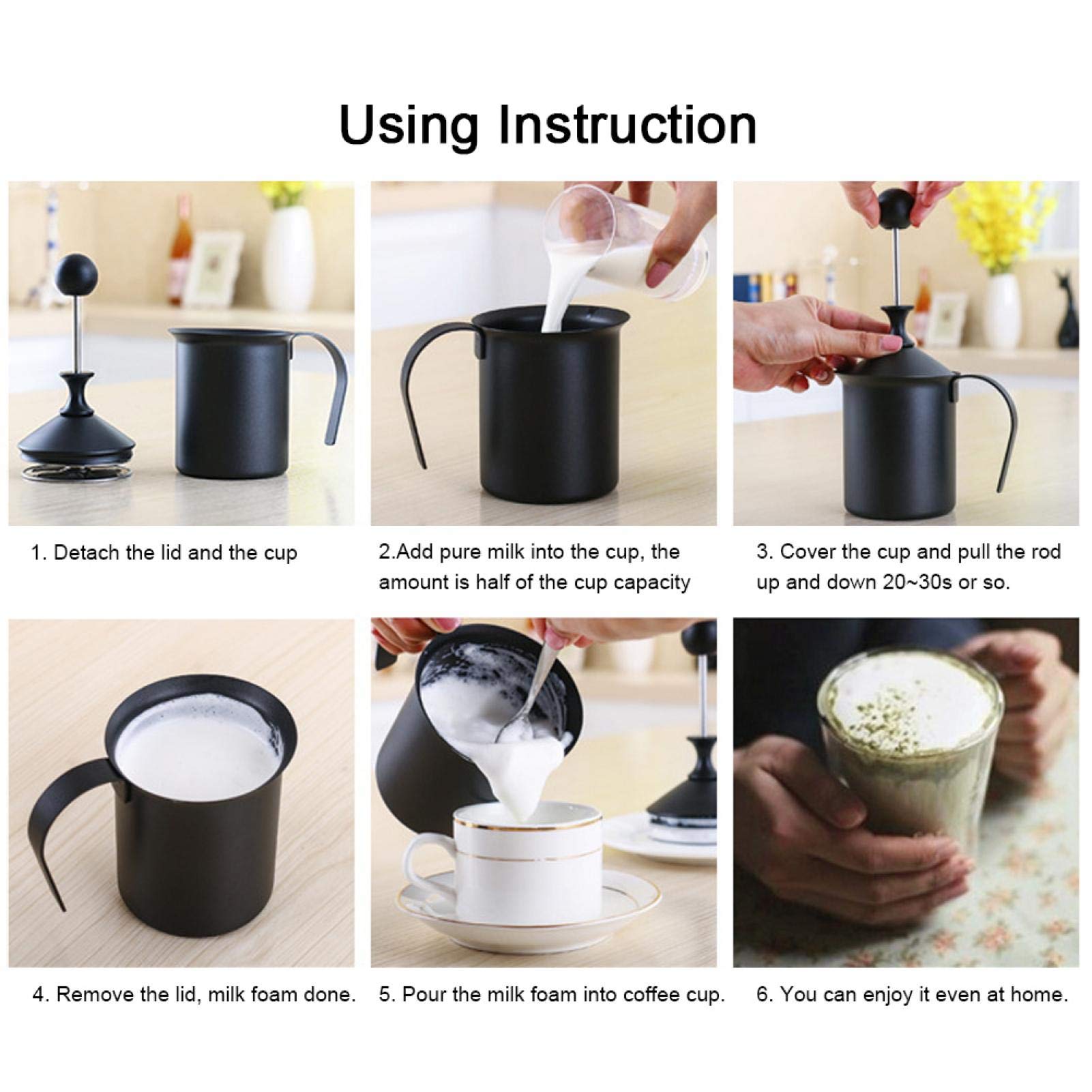 Mousseur à Lait Manuel, Outil de décoration de Cappuccino de café de Fabricant de Mousse de Mousse de Lait à Double Maille Manuelle en Acier Inoxydable(400ml)