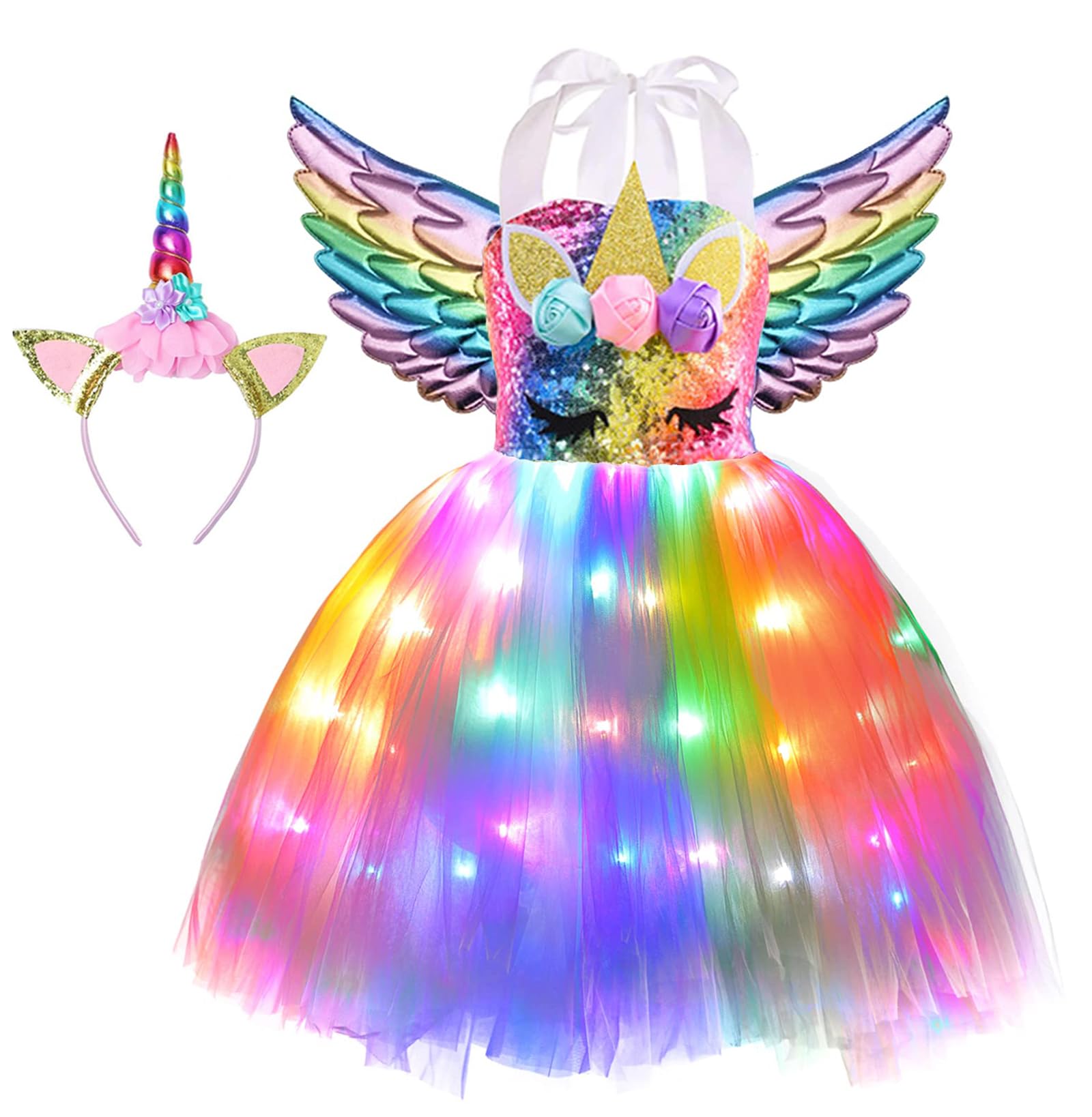 Girls Unicorn Costume LED Light Up Tutu Dress Up Birthday Gifts Princess Dress for Halloween Party
