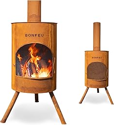 BonFeu BonTon 60 Grate - Patio stove - Fireplace with spark protection for relaxing evenings - Fire column outdoor - Patio fireplace with barbecue grate - Corten steel garden stove - 60x60x205cm