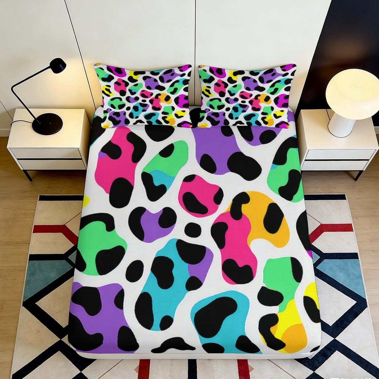 3D Printed Colorful Leopard Fitted Sheet Microfiber Soft Breathable Abstract Spots Mattress Cover for Bedroom Dorm Mattress Protection Decor 90x200x25cm