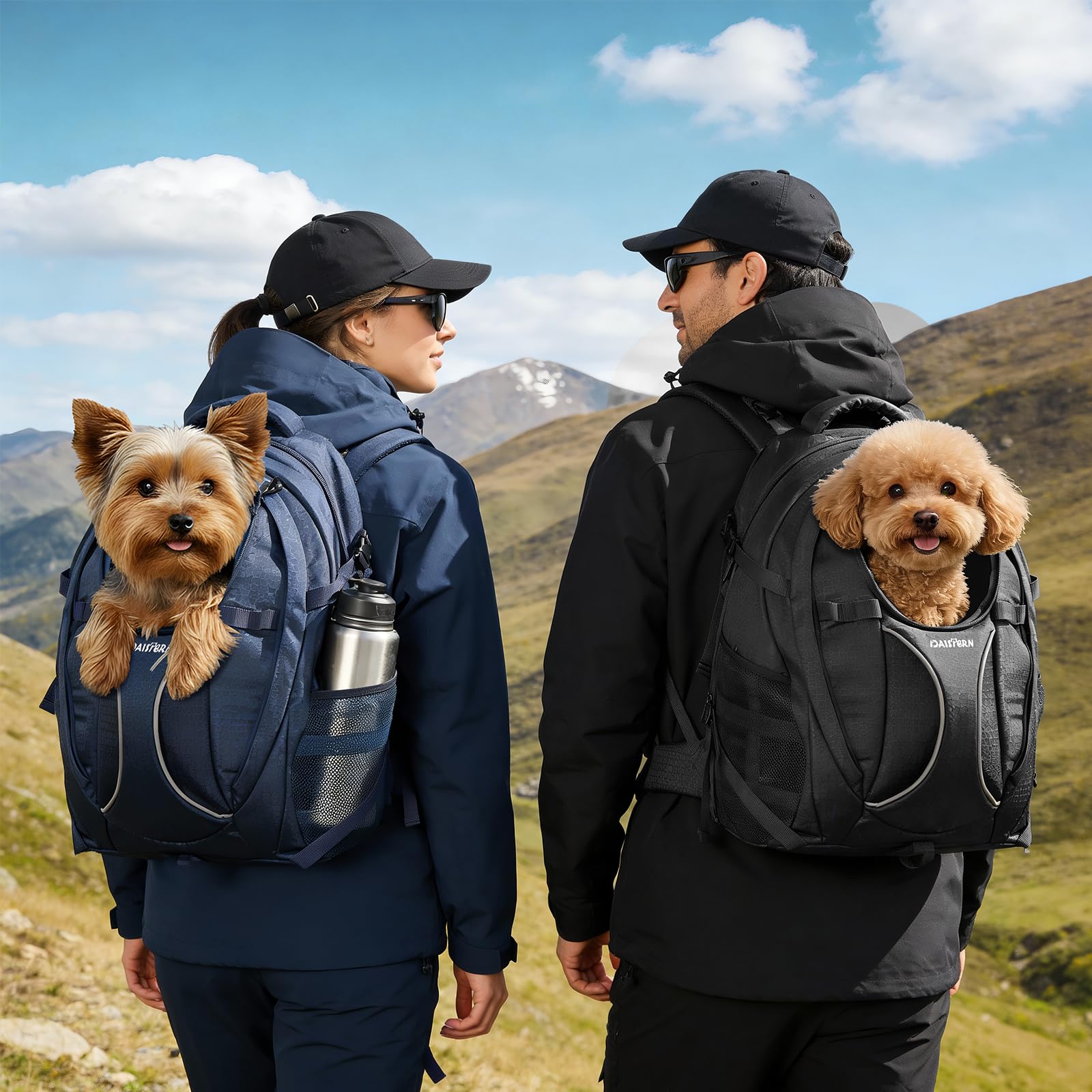 Hunderucksack Wandern bis 8KG, Ergonomischer Katzenrucksack mit Laptopfach & Bequemes Sitzkissen, belüfteter 600D-Nylon-Rucksack mit Verstärkung für Spaziergänge, Camping & Pendeln, Schwarz