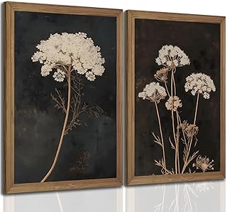 2Pcs Framed Moody Botanical Wall Art with Wood Frame Vintage Queen Anne’s Lace Flower Canvas Paintings Rustic Floral Poster Picture Prints Decor for Farmhouse Living Roomor Bedroom12X16Inch