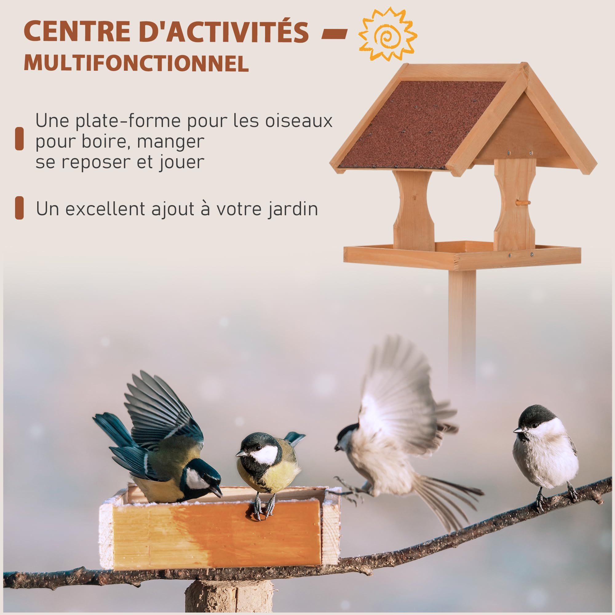 PawHut Mangeoire Oiseaux Extérieur sur Pied 55 x 55 x 144 cm Bois Naturel