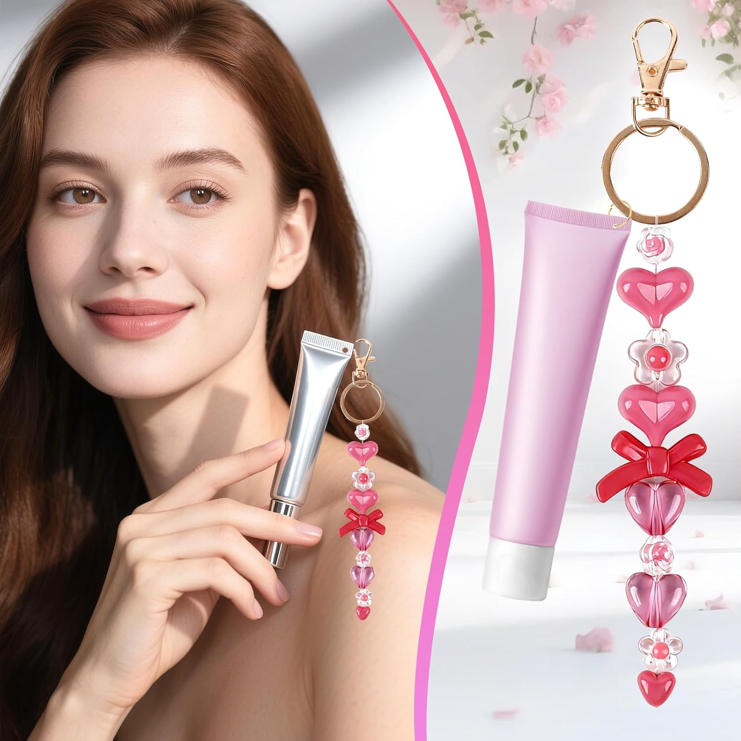 Worldity 12 Pack Lip Gloss Keychain Making Kit, Lipgloss Charm Kit with Acrylic Beads, Elastic Cord & Keychain Clips Tools, Lip Gloss Charms Keychain Kit for DIY Jewelry Making, Women Key Purse Decor