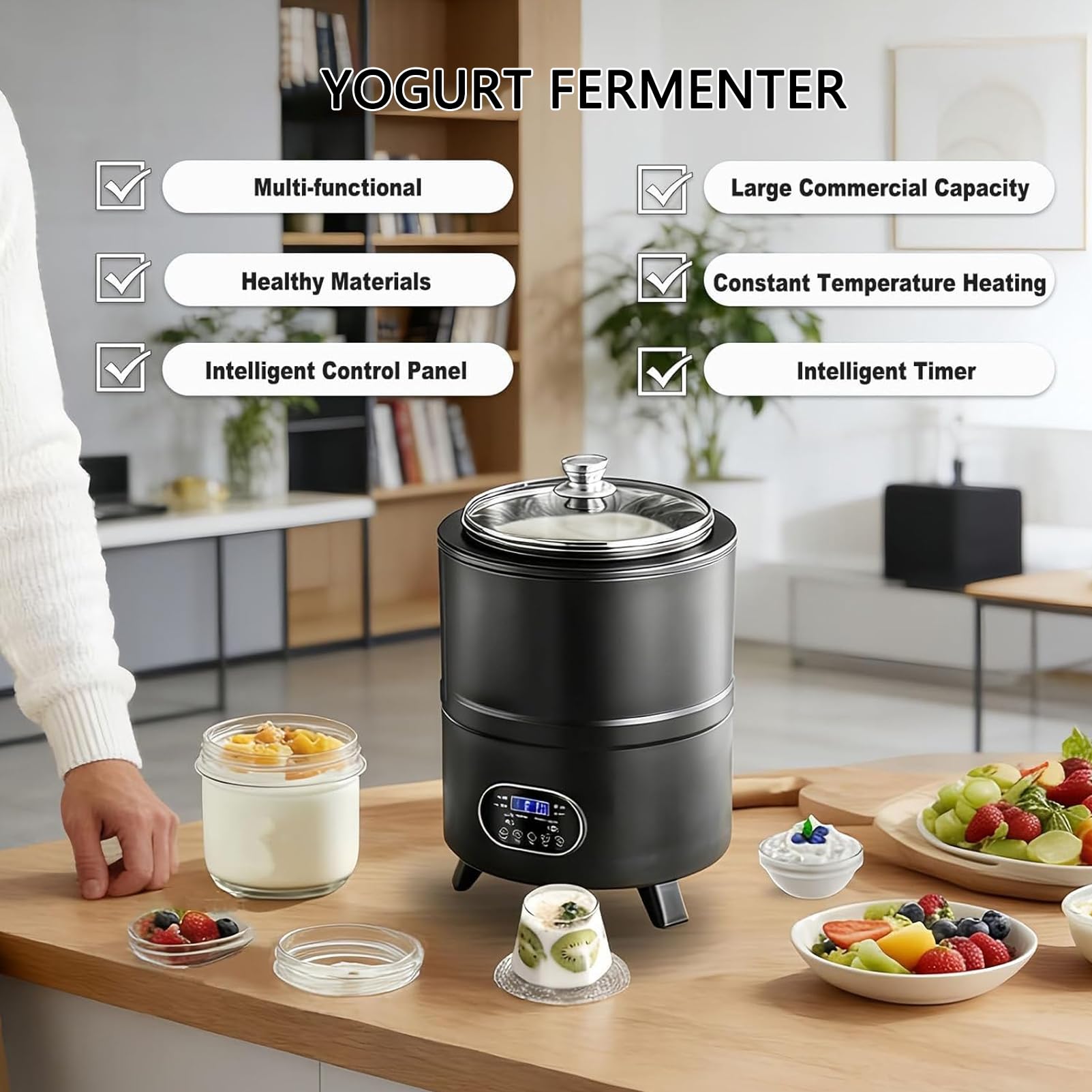 Yogurt Maker con pannello LCD intelligente, incubatrice elettrica per yogurt da 8 litri, macchina a temperatura costante da 400 W per yogurt, aceto di frutta e vino di riso, riscaldamento a 360°