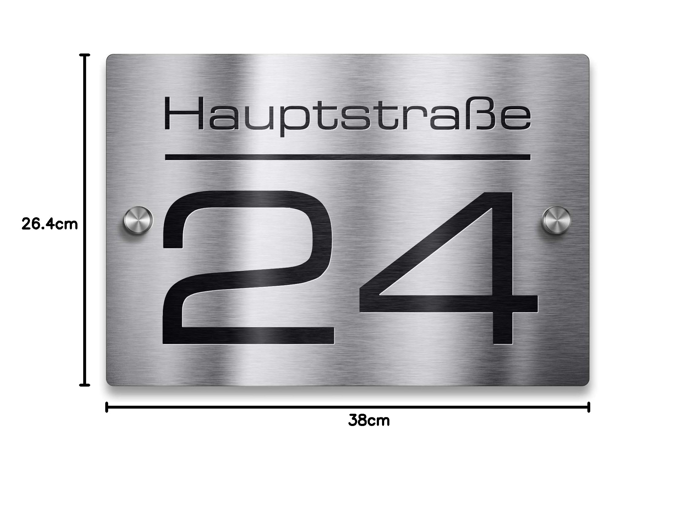 Metzler placa de número de casa de acero inoxidable – Placa con nombre de calle, nombre y número personalizados – Acero inoxidable V2A – Resistente a los rayos UV – Tamaño: 380 x 264 mm