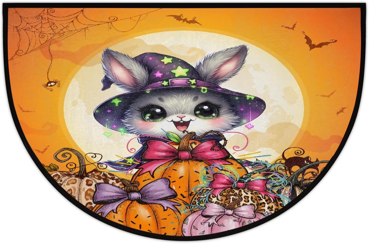 cat Pumpkin Spider Halloween Half Round Door Mat Non Slip Washable Semi Circle Area Rug Absorbent Soft Half Moon Rug Floor Mat for Indoor Outdoor Kitchen Bathroom Patio Front Door Mat Decor