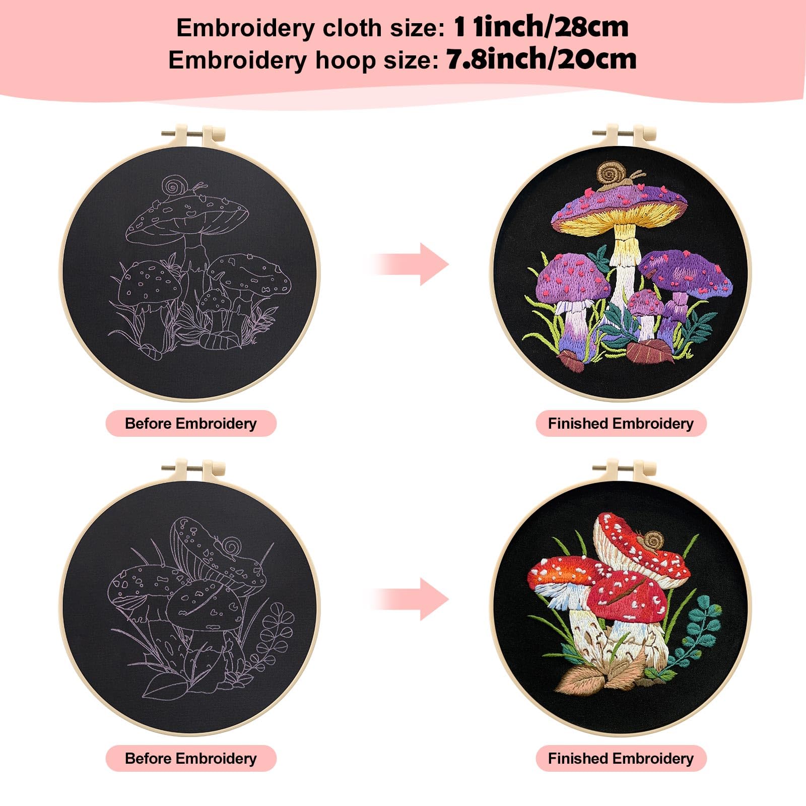 BREENHILL Mushroom Embroidery Kits for Beginners with Art Night Pattern,Adults Starter Cross Stitch Kit Hand Embroidery Kit