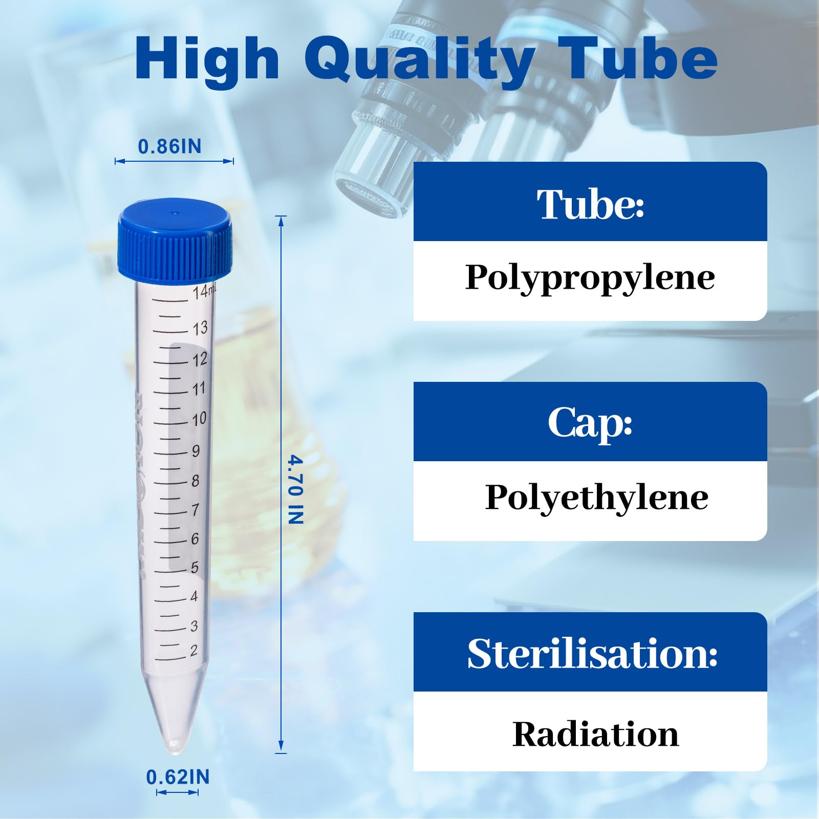 Provette coniche per centrifuga da 15 ml, 100 provette in polipropilene con tappi piatti in polietilene, 12000 RCF, contenitore in plastica con area graduata e scrittura, pacchetto rack, non pirogeno