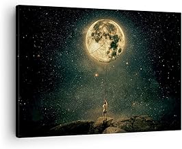Moderne Impression sur Toile Lune Étoiles Imagination Image Tableau Decoration Murale 70x50cm Deco Cadre Décoration Salon Chambre Cuisine Horizontal Tableaux Decoratifs Muraux Art Wall AA70x50-5249