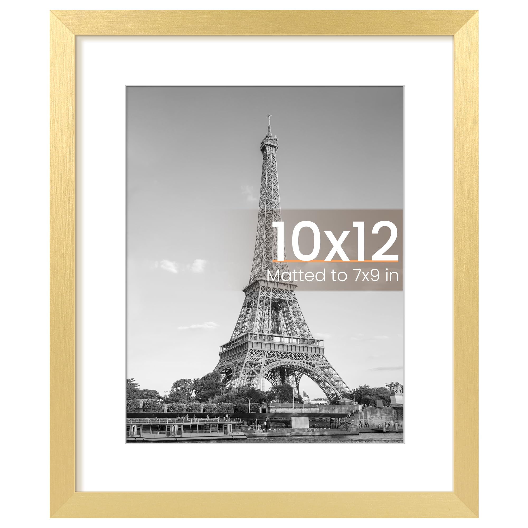 upsimples 10x12 Picture Frame, Display Pictures 7x9 with Mat or 10 x 12 Without, Wall Hanging Photo Frames, Gold, 1 Pack