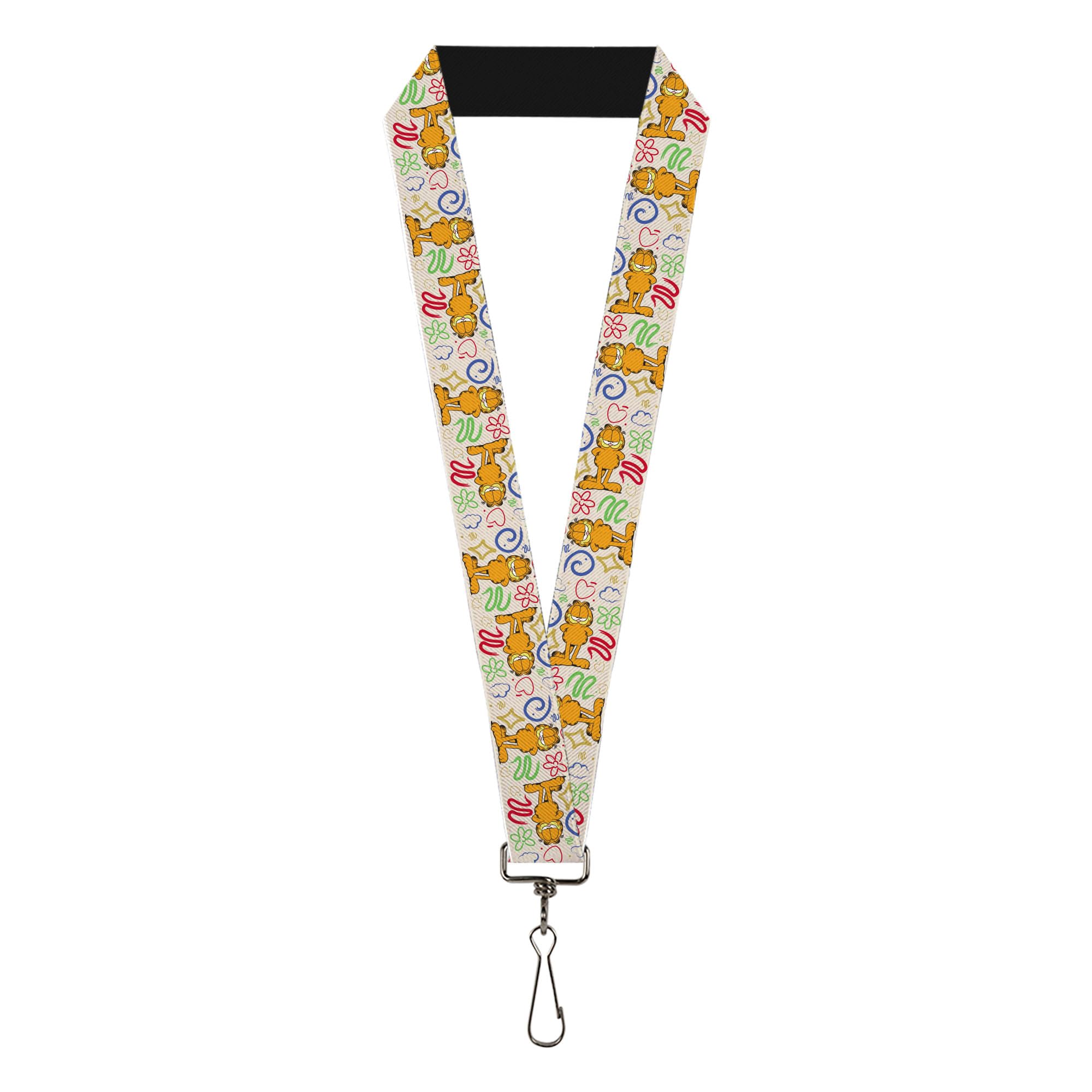 Buckle-Down Nickelodeon Lanyard, Garfield Smiling Pose Flip Doodles Collage Multi Color, Elastic, White, 44" x 1"