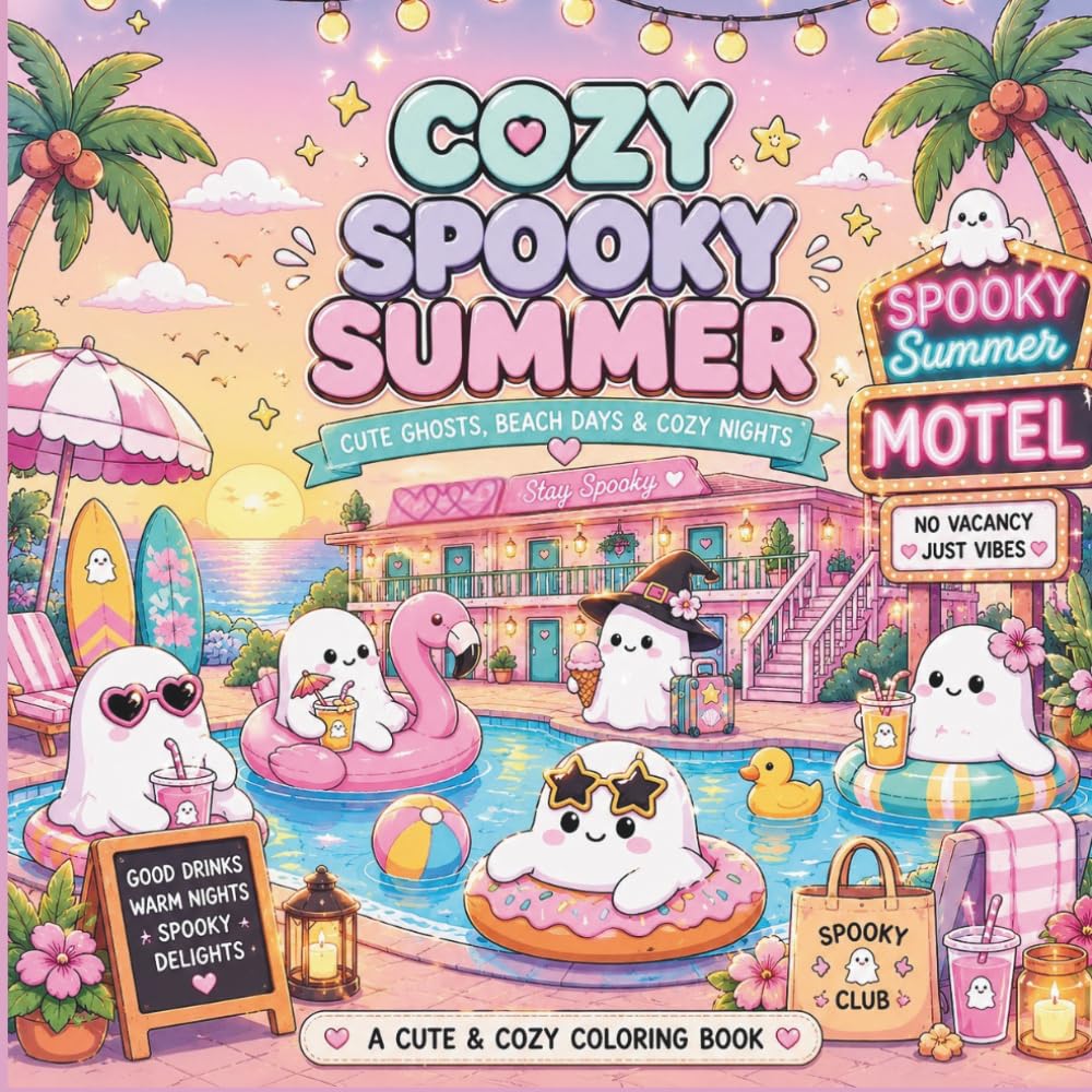 COZY SPOOKY SUMMER: A Cute & Cozy Coloring Book Filled with Adorable Ghosts, Tropical Escapes, Beach Adventures, Cozy Motel Nights, and Summer Fun