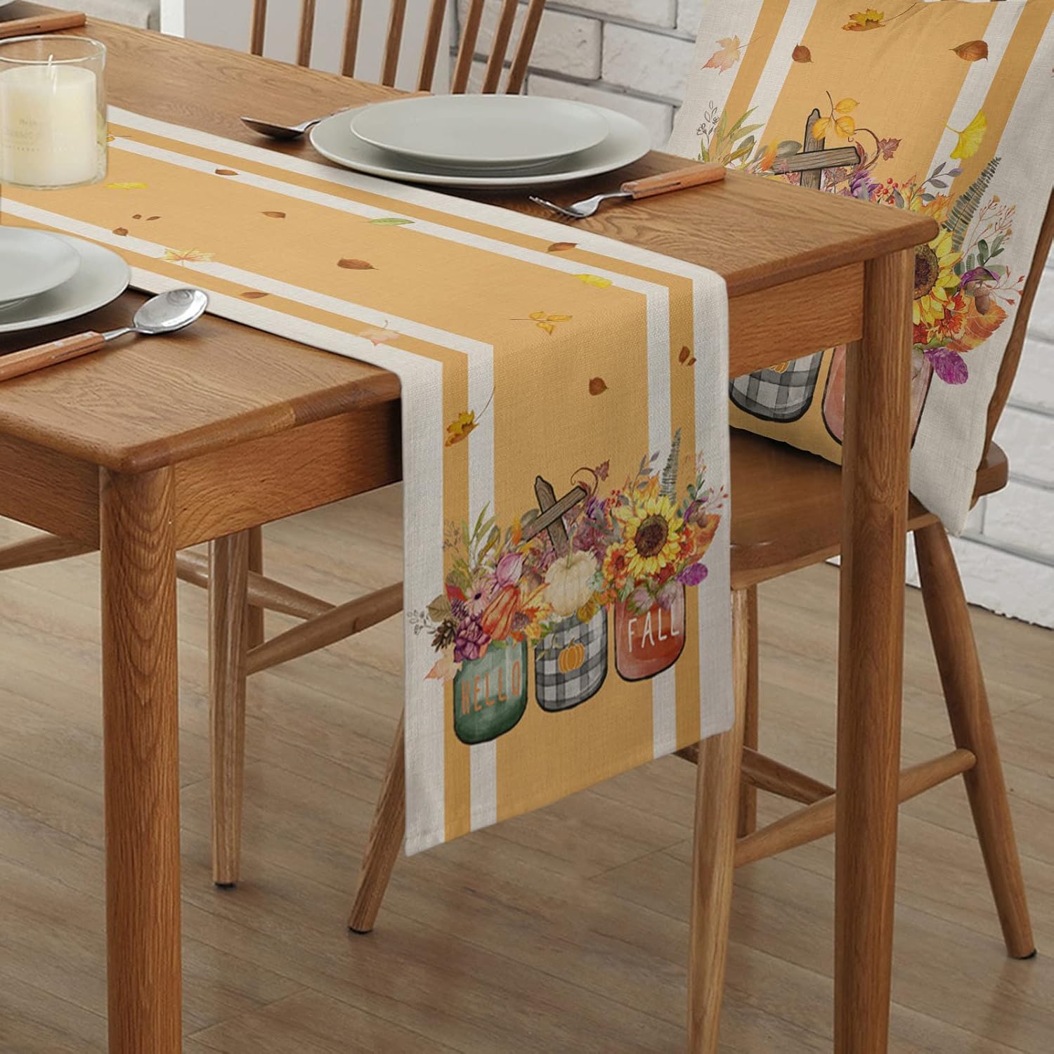 Table Runner Dresser Scarves, Thanksgiving Fall Sunflowers Pumpkin Autumn Plants Table Runners 13x108 Inches Long,Non-Slip Washable Kitchen Dining Coffee Table Decor for Farmhouse Party Holiday Dinner