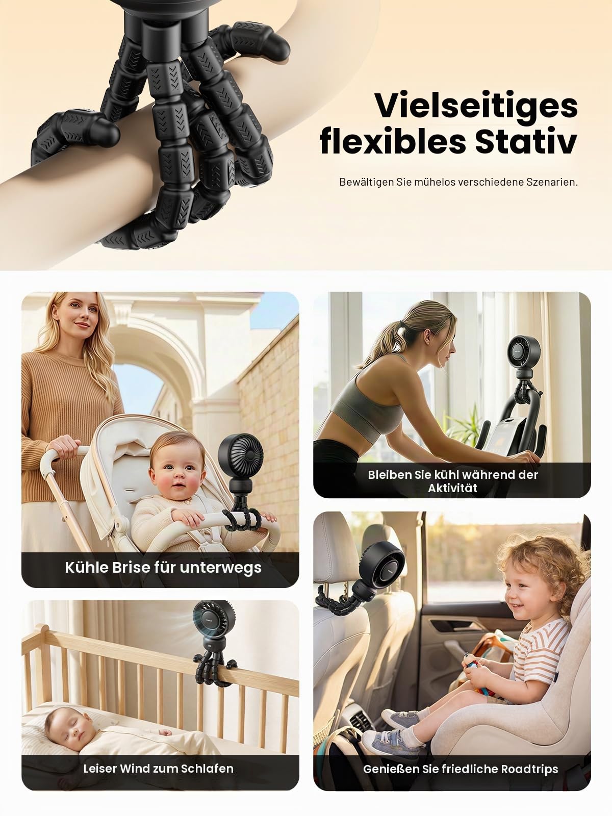 Warmco Tragbarer Kinderwagen-Ventilator, 4000 mAh, wiederaufladbarer Clip-On-Stativventilator (bis zu 15 H), 4 Geschwindigkeiten, LED-Display, abnehmbare Frontabdeckung, leiser Betrieb, für Autositz
