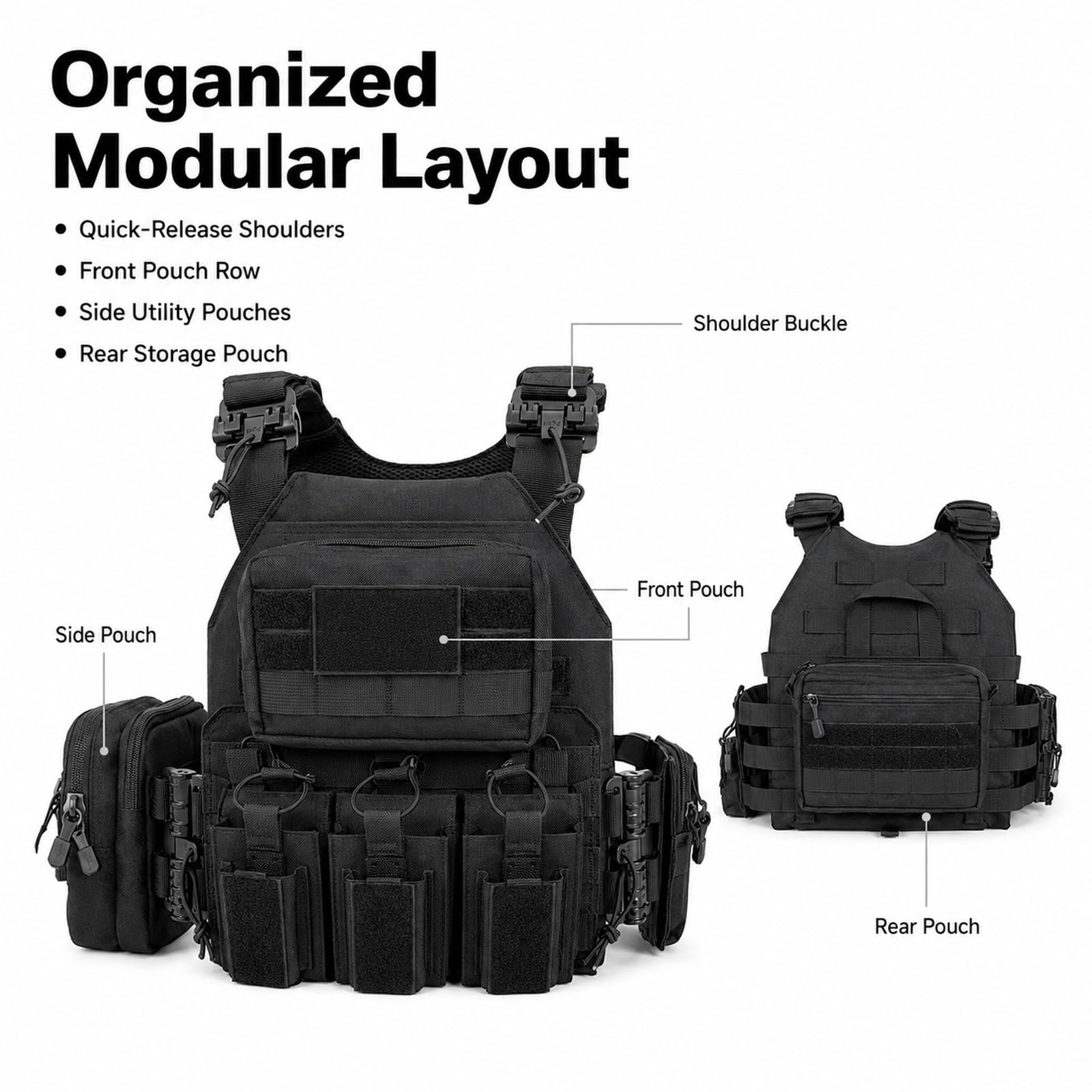 Genérico Arnes de Carga Modular Kit, Chaleco de Pecho Airsoft Ajustable | Incluye Base Bolsa Triple Bolsa Cuadrada Pequena Bolsa Smartphone Bolsa Radio y Bolsa Trasera de Carga Utilidades