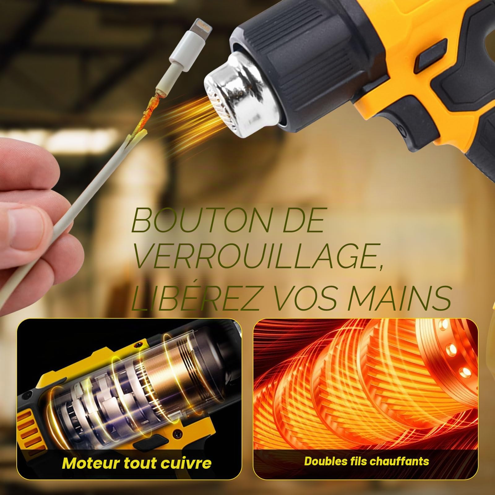 Pistolet thermique sans fil pour batterie Dewalt 20 V, pistolet à air chaud 50 ℃ à 550 ℃ avec affichage numérique, chauffage rapide, température et débit d'air réglables avec 5 buses