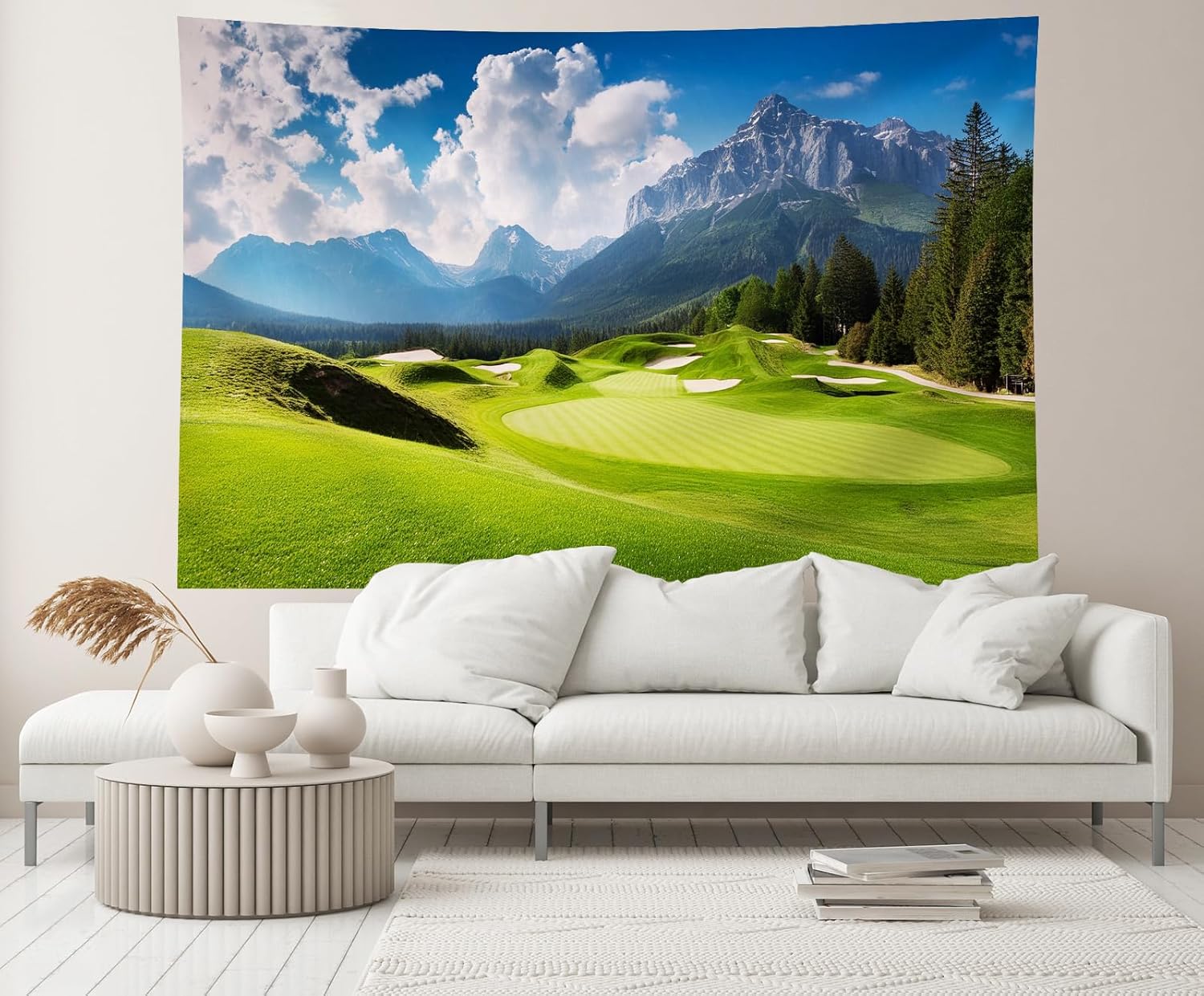 CHNYWORK 138x98 Inches Golf Course Tapestry Wall Hanging Panoramic Scene of Majestic Mountains Vibrant Blue Sky Background for Living Room Bedroom Aesthetic College Dorm Wall Decor