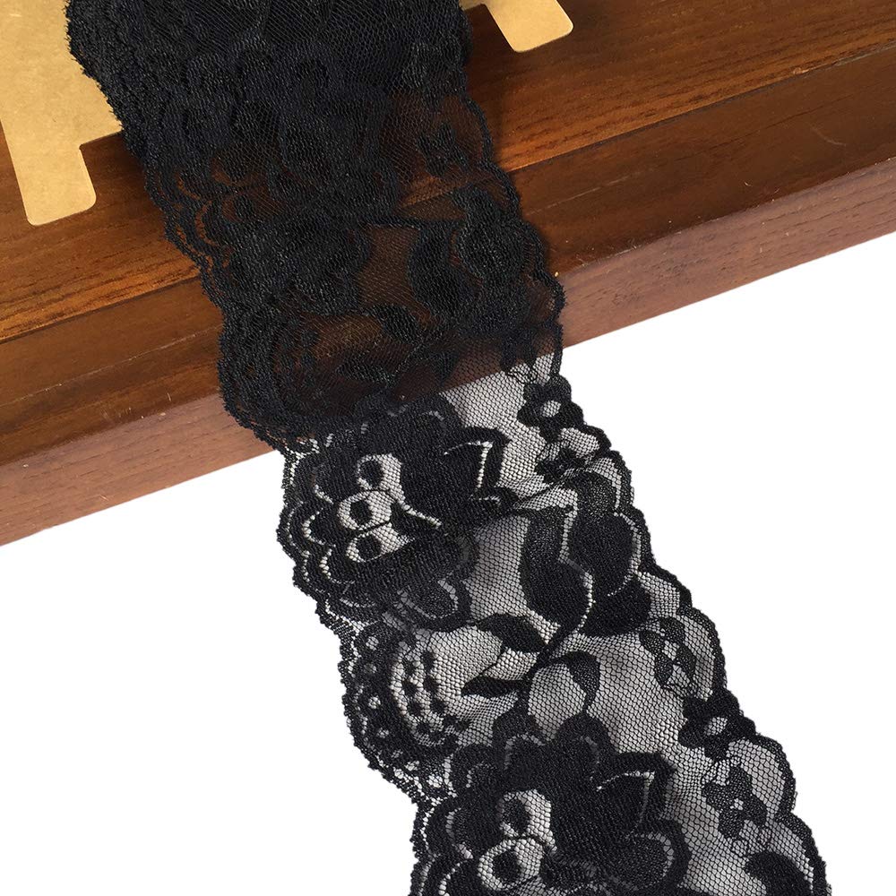 Lace Realm 3.15 Inches Wide×10 Yards Stretch Floral Pattern Lace Ribbon Trim Lace for Headbands Garters & Crafts (Black)