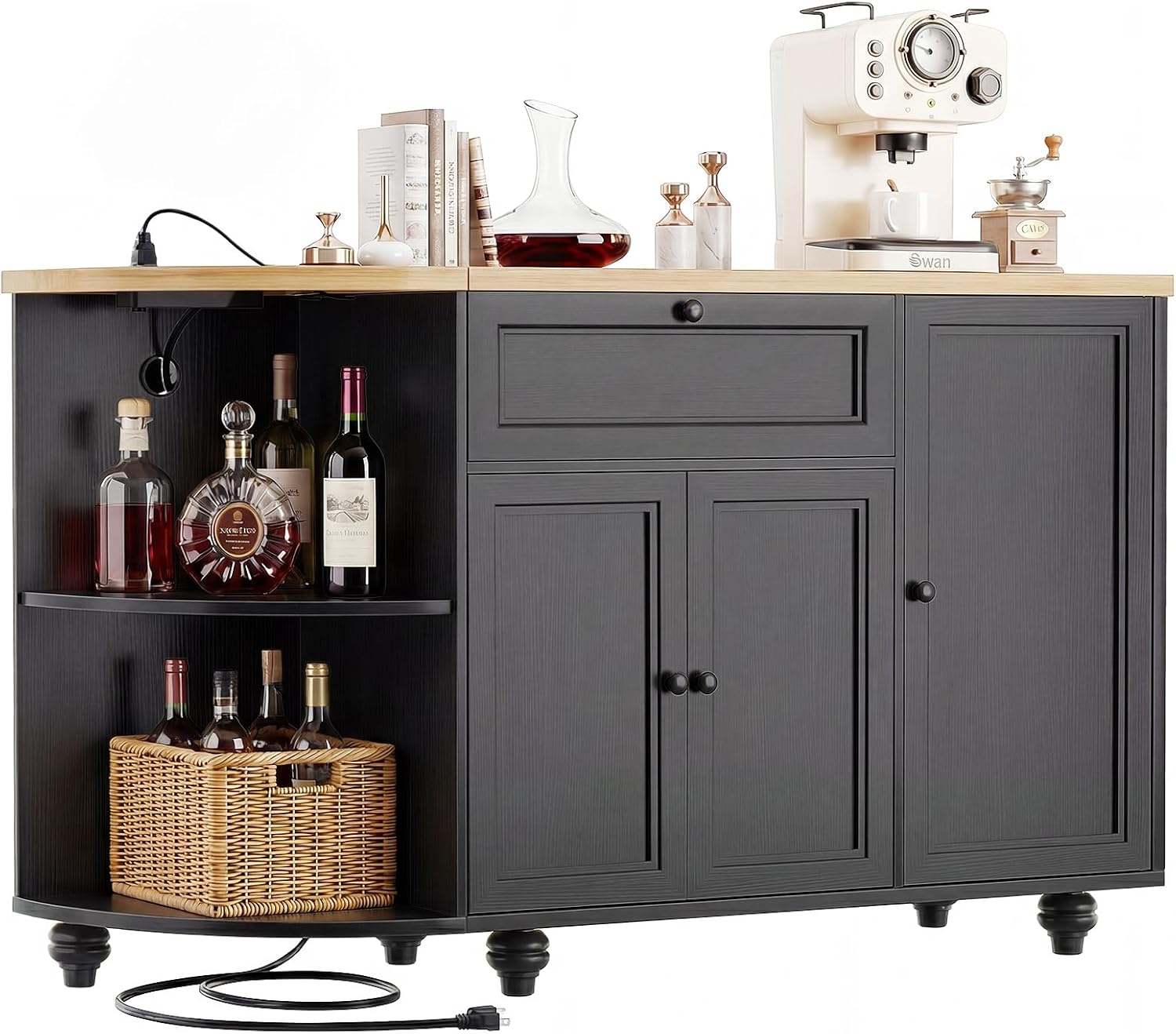 Unikito 55" Coffee Bar with Power Outlet, Wine Bar Cabinet with Wine Rack, Home Coffee Bar Cabinet, Buffet Sideboard with Storage Shelf for Kitchen, Dining Room, Living Room Black