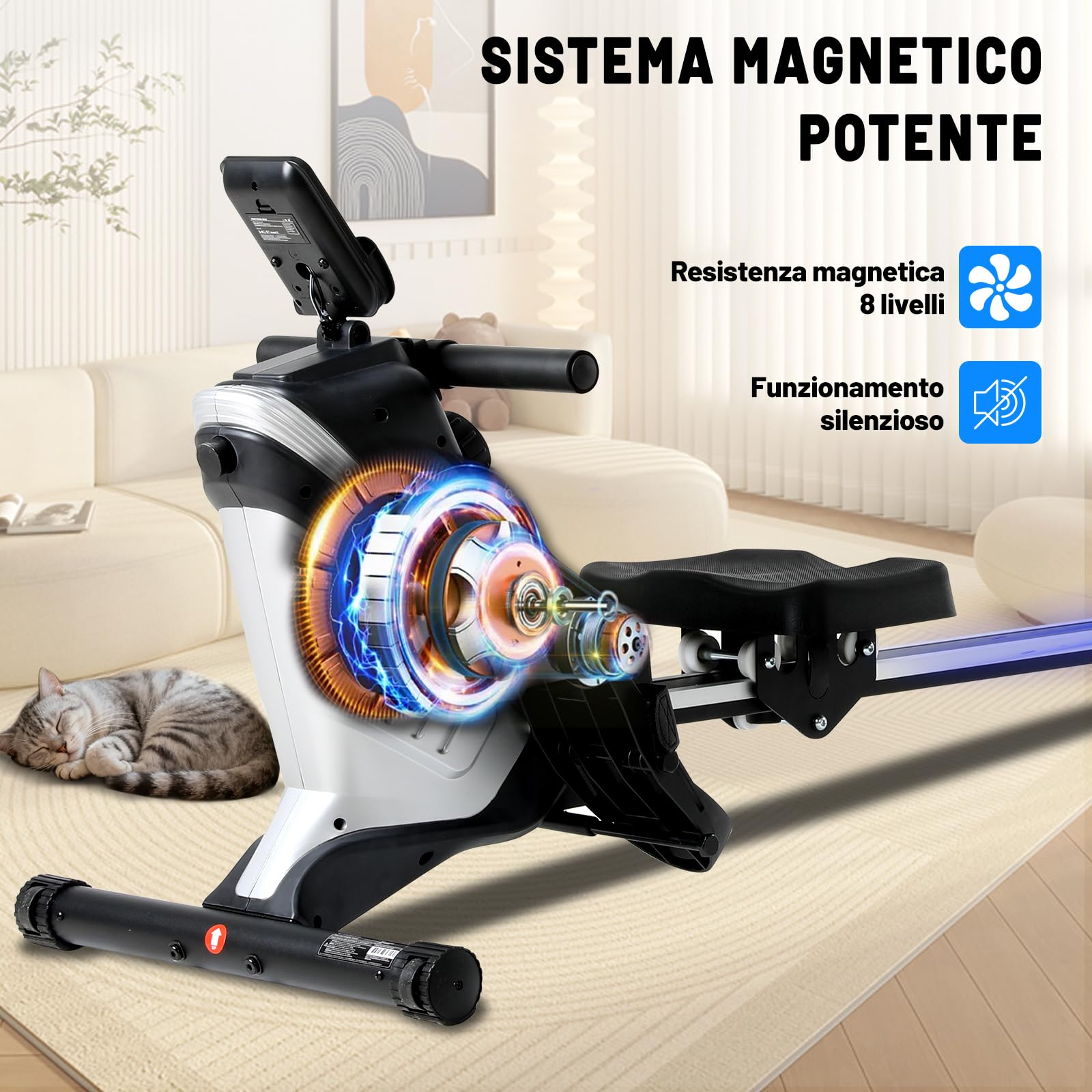 ISE Vogatore per Casa, Vogatore Magnetico Professionale con 8 Livelli di Resistenza Schermo LCD Guide Scorrevoli