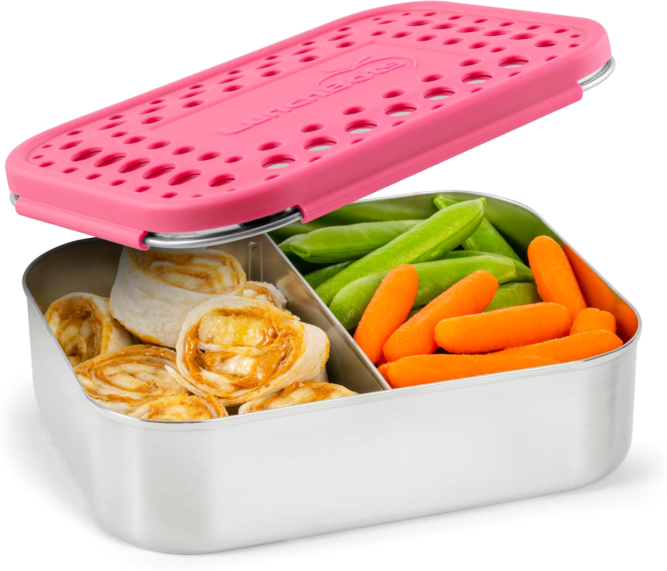 LunchBots Medium Duo Snack Container - Divided Stainless Steel Food Container - Two Sections for Half Sandwich and a Side - Eco-Friendly - Dishwasher Safe - Stainless Lid - Pink Dots