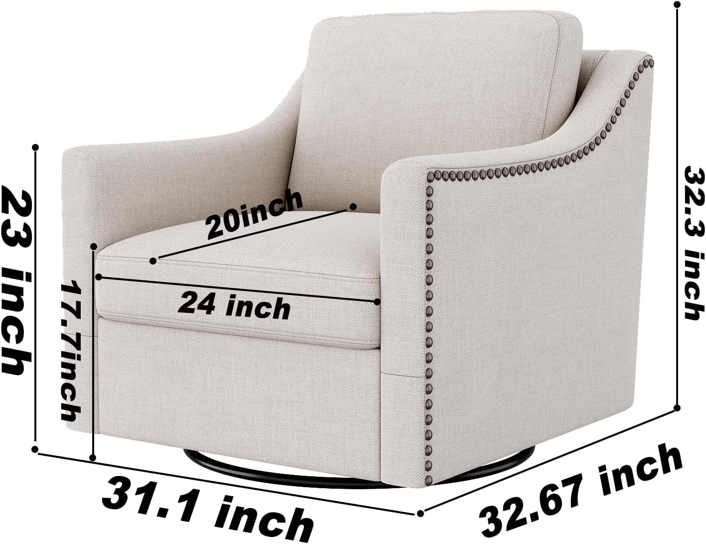 Upholstered Swivel Barrel Chair, 31" Wide Modern Fabric Ergonomics Single Sofa Chair, Living Room Bedroom Accent Chair Comfy Club Swivel Chair (Cotton Linen White)