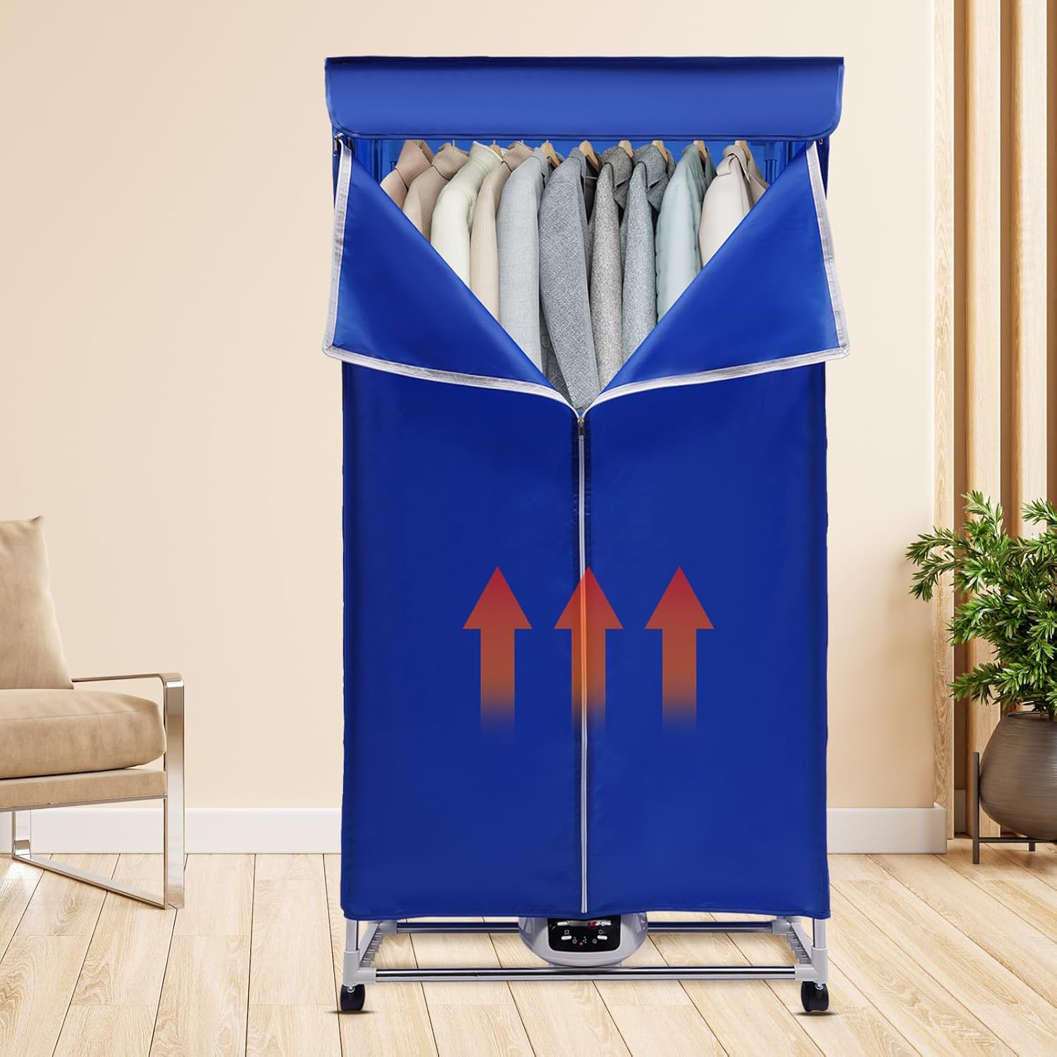 Portable Clothes Dryer, 1200-1500W Electric Dryer with 3 Gears 2-Tier Foldable Portable Travel Mini Dryer Machine with Stainless Steel Rack and 66lbs Capacity for Apartments RVs Homes (Blue)