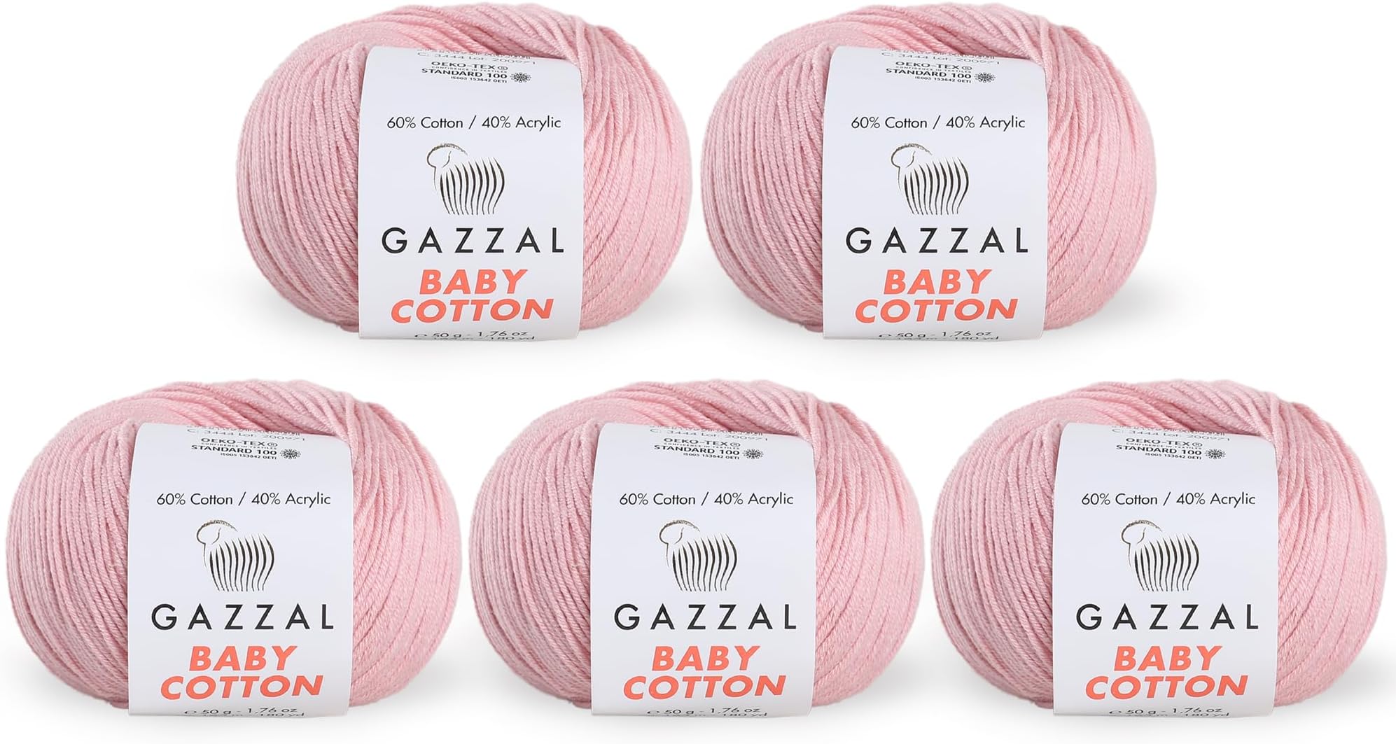5 Skein (Pack) Total 8.8 Oz. Gazzal Baby Cotton Each 1.76 Oz (50g) / 150 Yrds (165m) Soft, Fine Baby Yarn, 60% Cotton, Pink - 3444