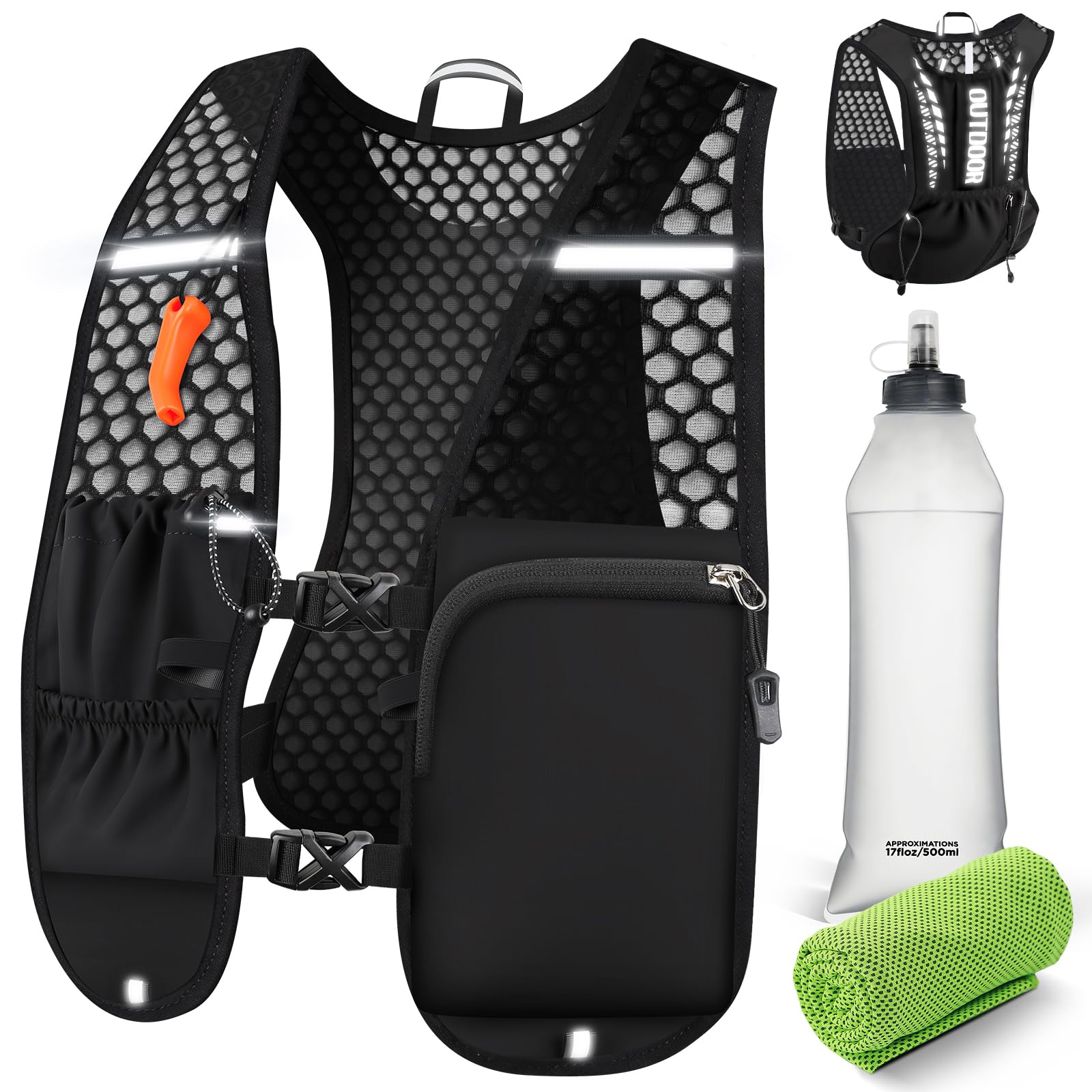 Gilet Running Hydratation Femme Homme Ultraléger 160 g, Gilet Trail Flasque 500ml, Sac Running Réglable Réfléchissant Sifflet, Poches Téléphone Course à Pied, Marathon, Trail, Randonnée