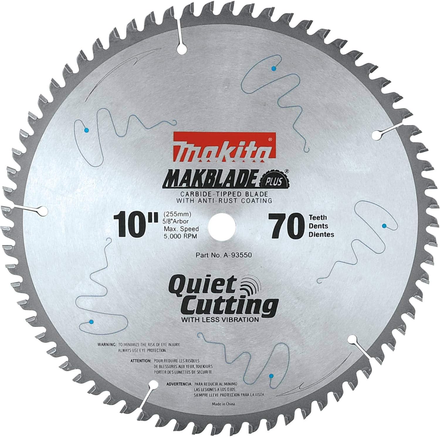 Makita A-93550 MakBlade 10-Inch 70 Tooth ATB Quiet Crosscutting Saw Blade with 5/8-Inch Arbor , Silver