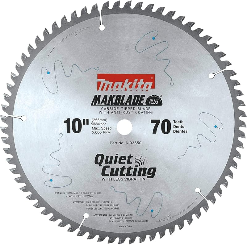 Makita A-93550 MakBlade 10-Inch 70 Tooth ATB Quiet Crosscutting Saw Blade with 5/8-Inch Arbor , Silver
