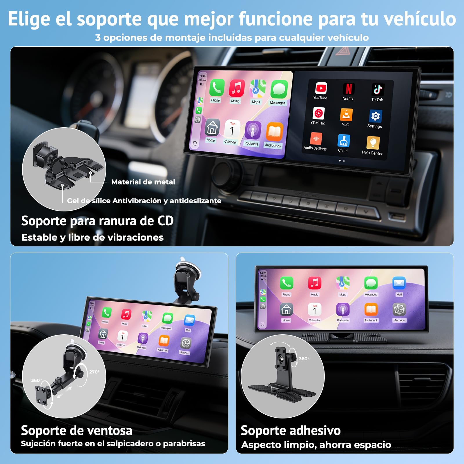Pantalla CarPlay de 11.26" para Coche, Integrado con Netflix/YouTube/TikTok, Estéreo de Coche con Pantalla Táctil para Apple CarPlay y Android Auto, Control por Voz, Actualización OTA