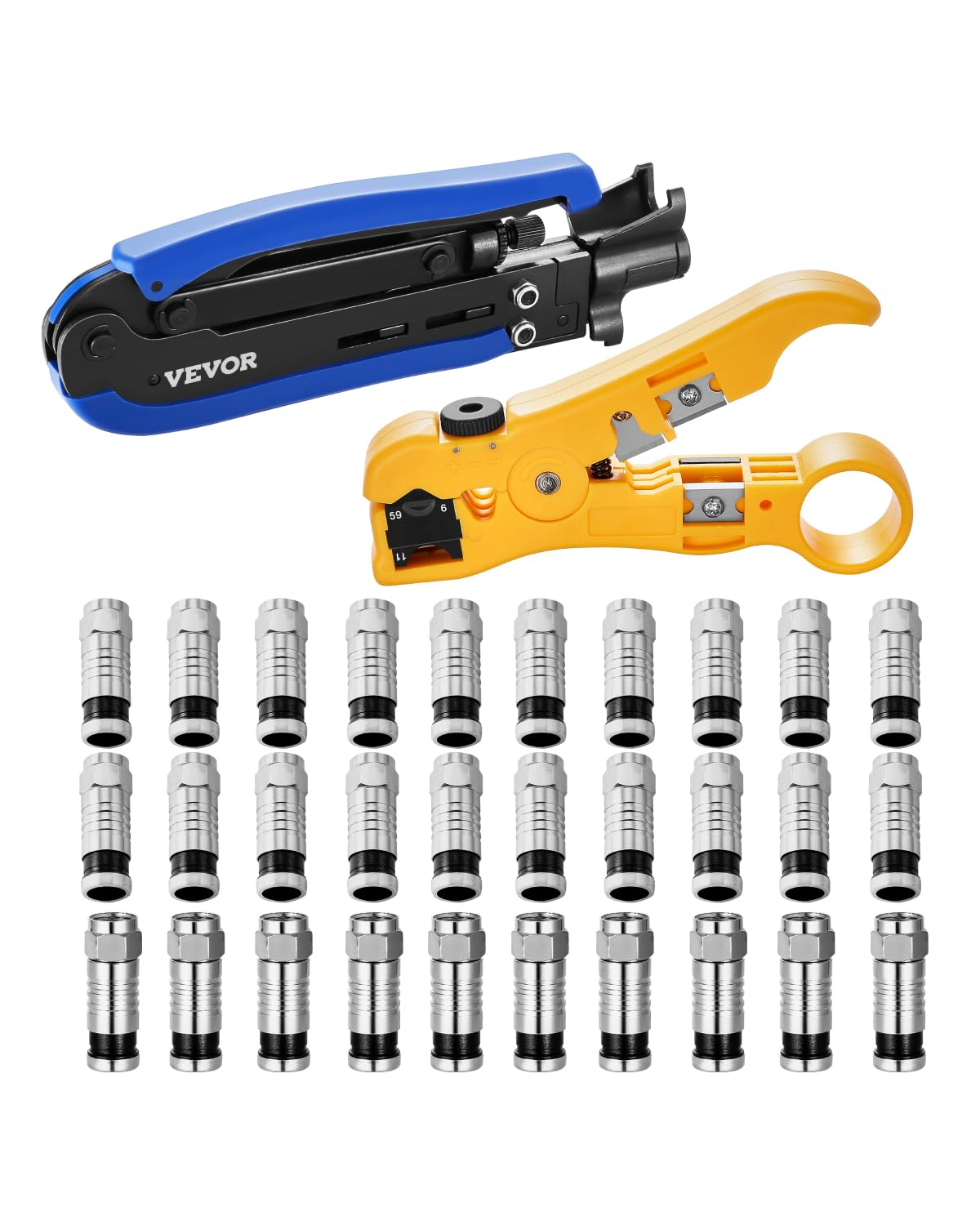 VEVOR Coax Cable Crimper Kit, Coaxial Cable Compression Kit with a Crimping Tool, a Wire Stripper, and 30PCS F-Type RG6 Connector, Compatible with RG6
