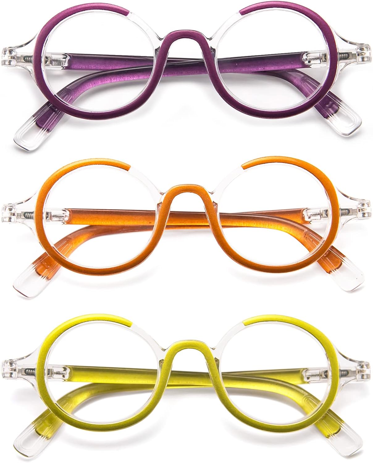 KoKoBin 3 Pack Small Round Reading Glasses Comfortable Readers Colored Stylish Frame for Women and Men