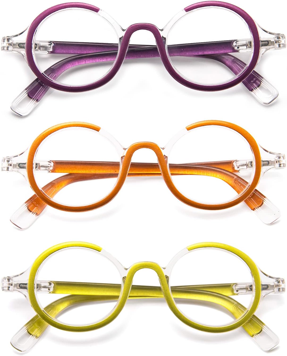 KoKoBin 3 Pack Small Round Reading Glasses Comfortable Readers Colored Stylish Frame for Women and Men