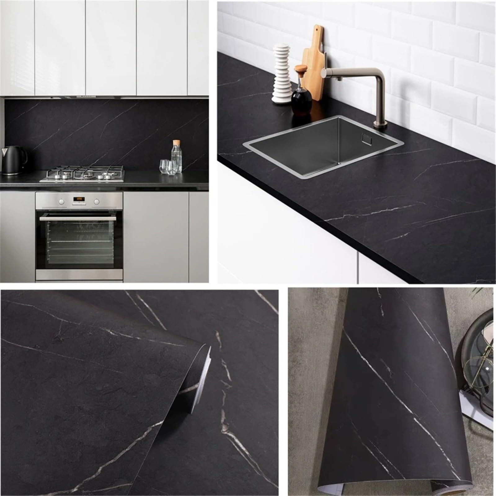 Wandschutzfolie Dicke mattschwarze PVC-Marmor-Selbstklebende Tapete, Wandaufkleber, Küche, ölbeständig, Desktop-Möbelfolie, Heimdekoration(60x200 cm)