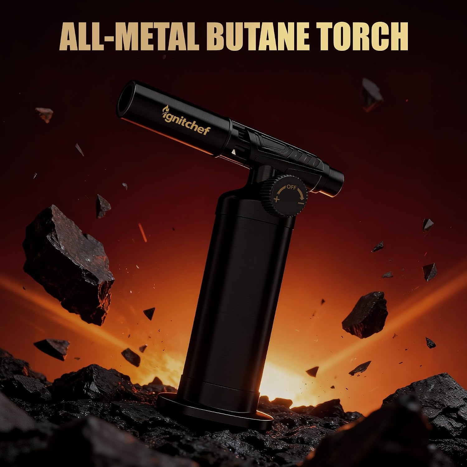 Metal Butane Torch Lighter, Refillable Kitchen Torch, Creme Brulee Torch with Adjustable Flame, Continuous Mode for Grilling Steaks, Barbecuing (Butane Not Included)