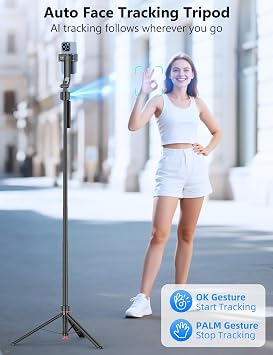 69'' Auto Face Tracking Selfie Stick Tripod Stand, Automatic Phone Tripod, Auto-Open Travel Tripods for iPhone/Cell Phone with Remote, Gesture Control, No App, Built-in AI Camera for Vlog Recording TK