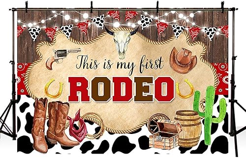 Miniatura 4 de Fondo de 10 x 7 pies con texto en inglés "My First Rodeo", para primer cumpleaños, fotografía de vaquero occidental, estampado de vaca, sombrero de