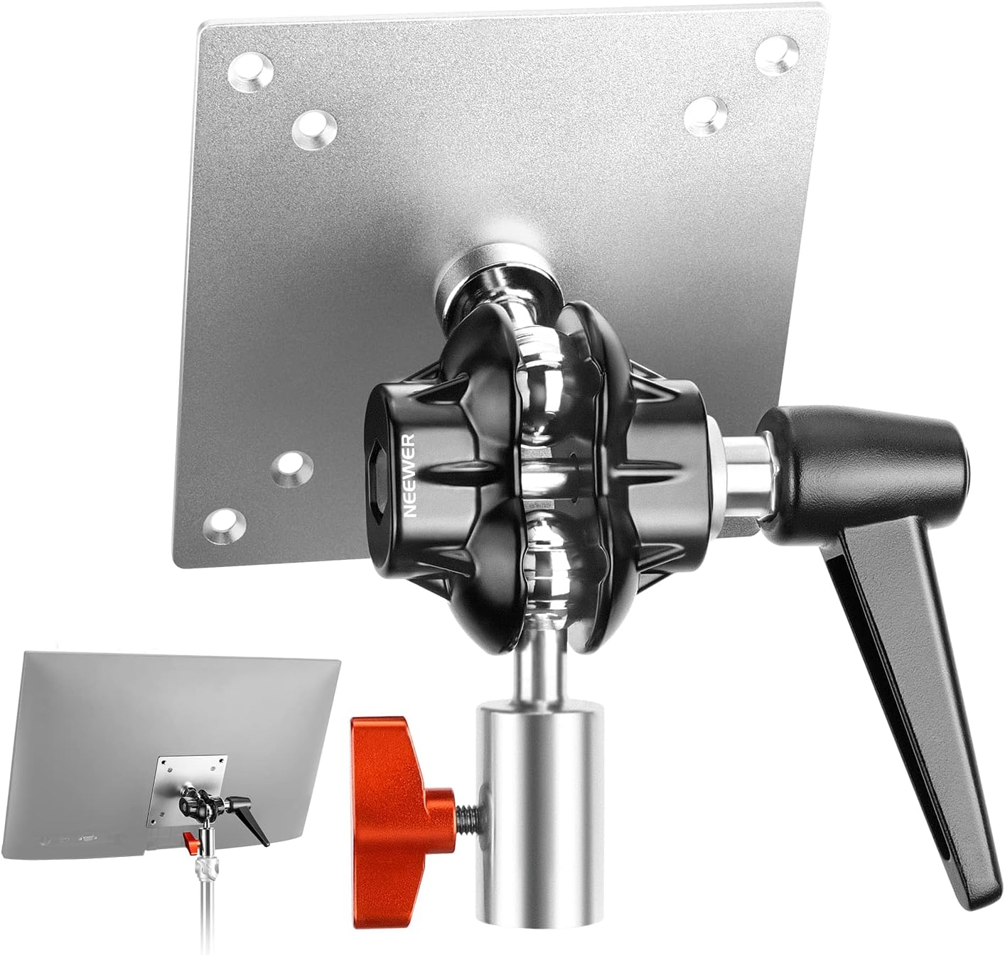 Monitor Mount Adapter with VESA Mount, Aluminum Alloy, MA001 | Light Stand Adapter, Dual 360° Ball Joint, M4 Screw, 5/8" Receiver, for Impact Screen Outdoor TV Stand, Max Load 14lb/6.3kg