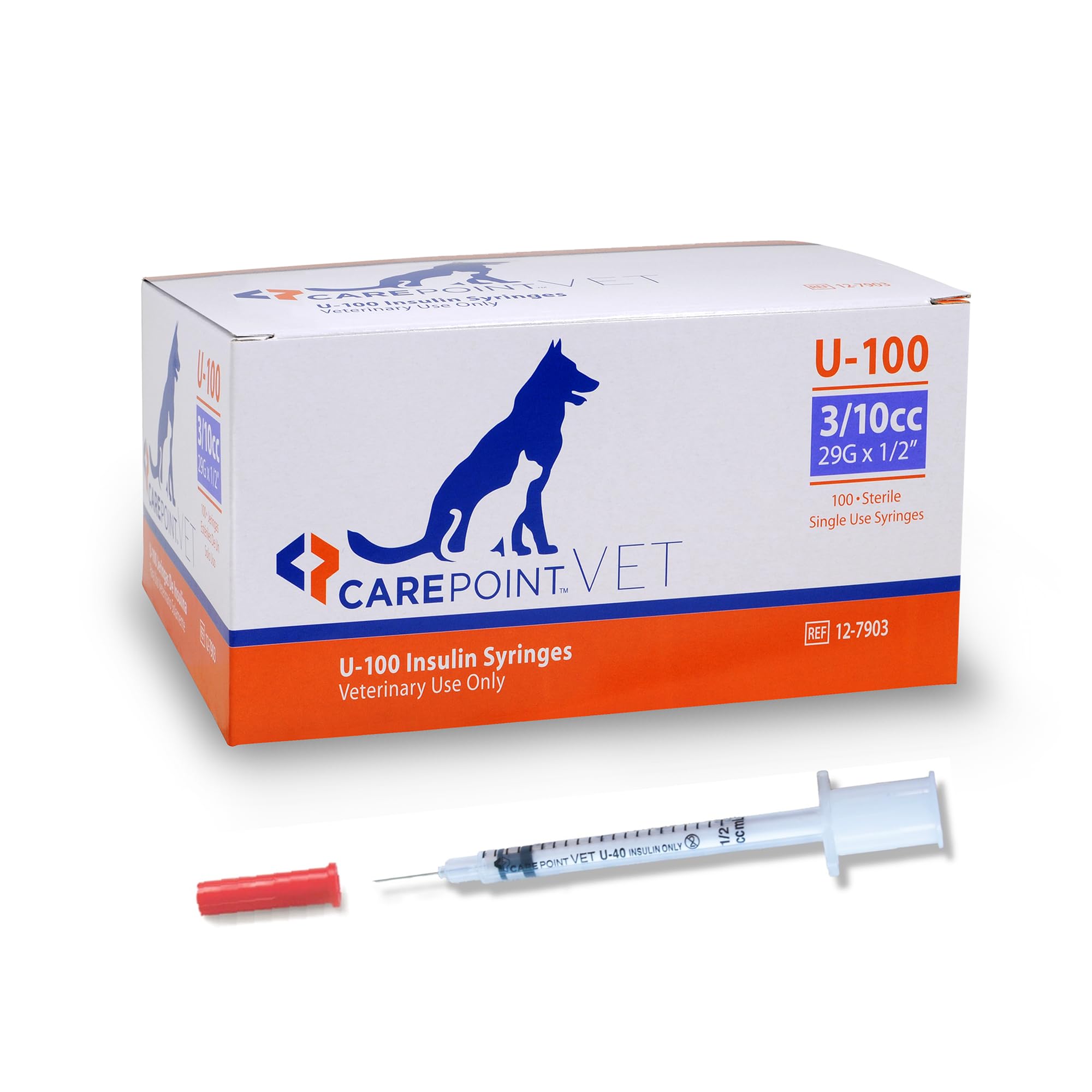 Carepoint Vet U-100 strzykawki insulinowe dla zwierząt domowych, 29 g x 1,27 cm, 3/10 cm³, wygodne wtryskiwanie, mocne oznaczenia permanentne do dokładnego dozowania, jednorazowe, pudełko 100 sztuk
