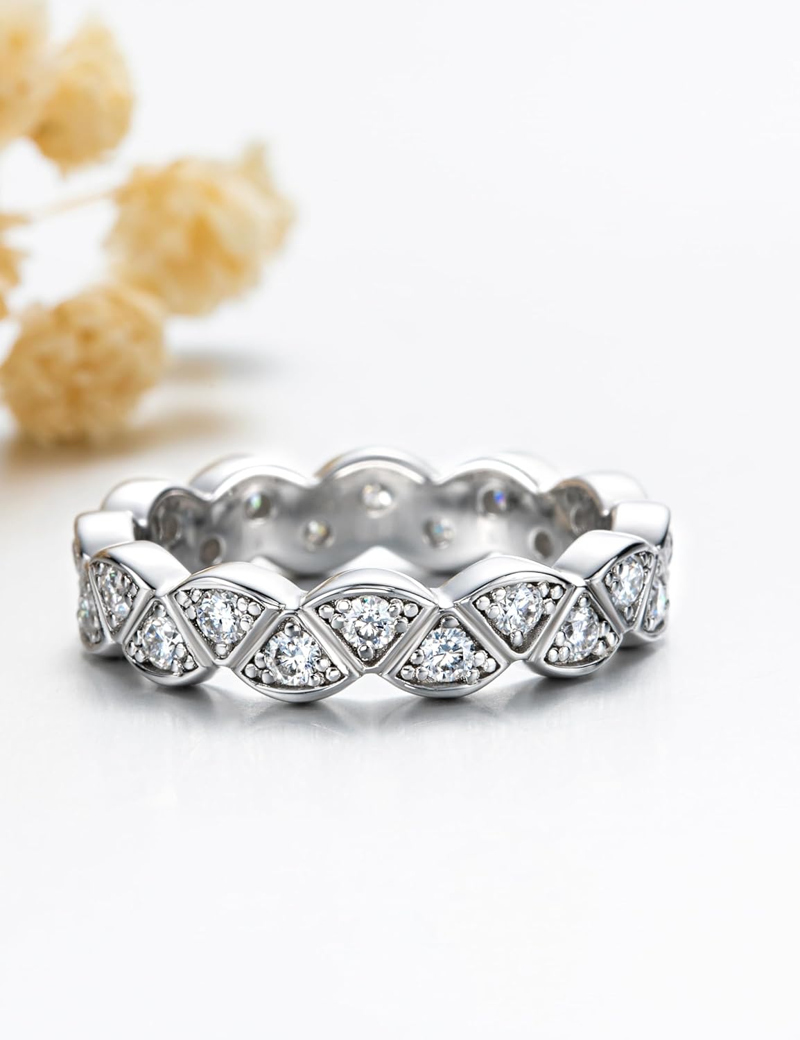 CannyCat Infinity 2.0 mm Moissanite Bezel Eternity Ring Wedding Band for Women VVS D-color Moissanite Anniversary Engagement Twisting Channel Eternity Bands Platinum-Plated Silver Stacking Rings
